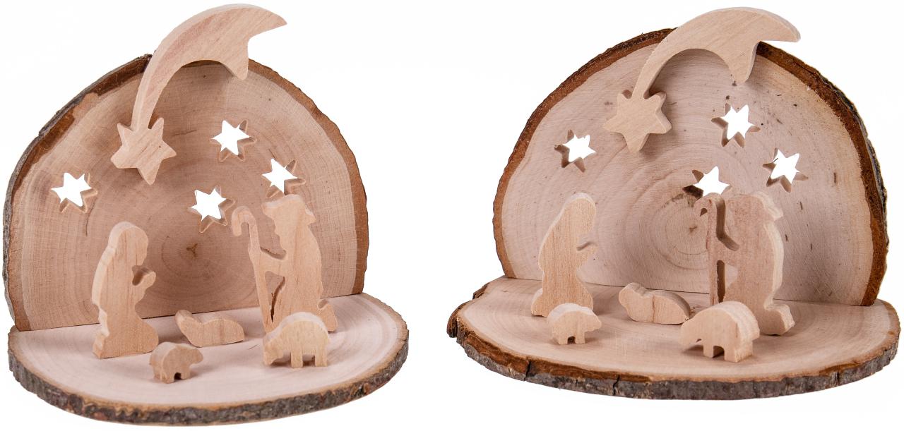 Handgefertigte Weihnachtskrippe auf Rindenscheibe Heilige Familie mit Schafen