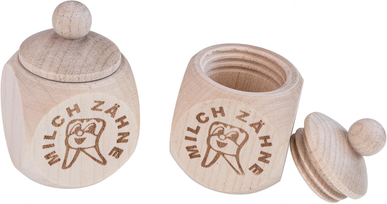 Holz Zahn Doeschen aus Ahornholz mit Milchzaehne Druck