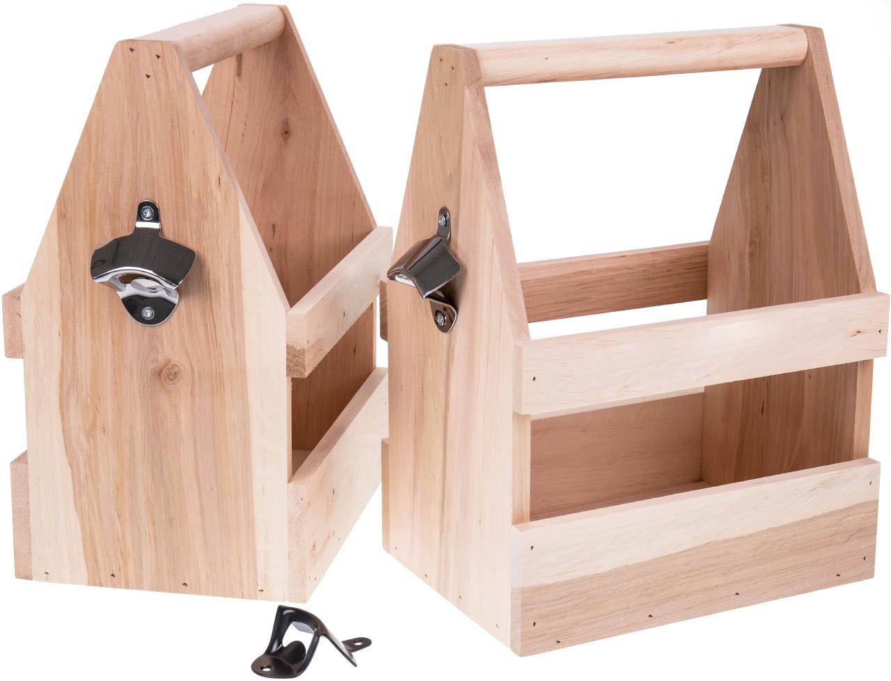 Holz Biertraeger Erle massiv roh mit Flaschenoeffner silber
