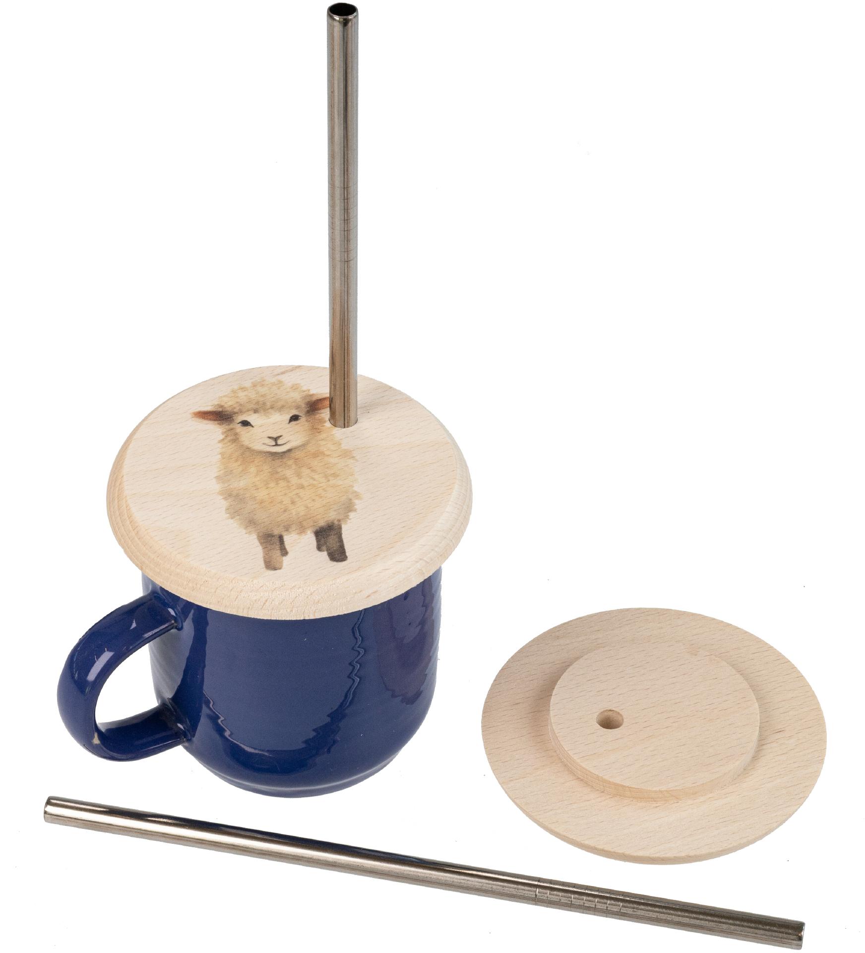 Glasabdeckung Buchen Holz mit VA Strohhalm mit buntem Tiermotiv Schaf