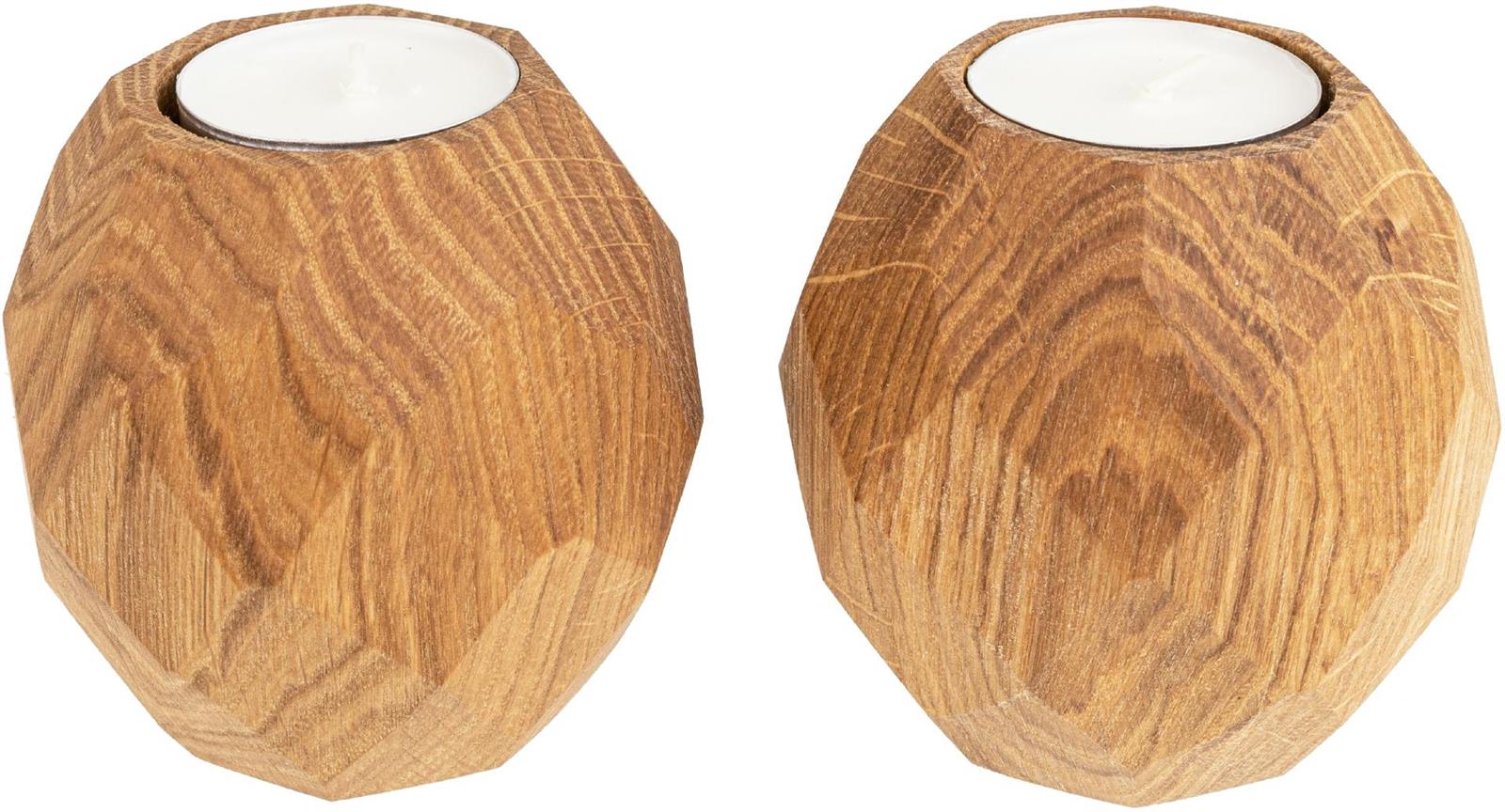 Teelichthalter Set aus geoelter Eiche mit zwei Kugeln im Diamantschliff Inklusive Teelichter stilvolle Dekoration