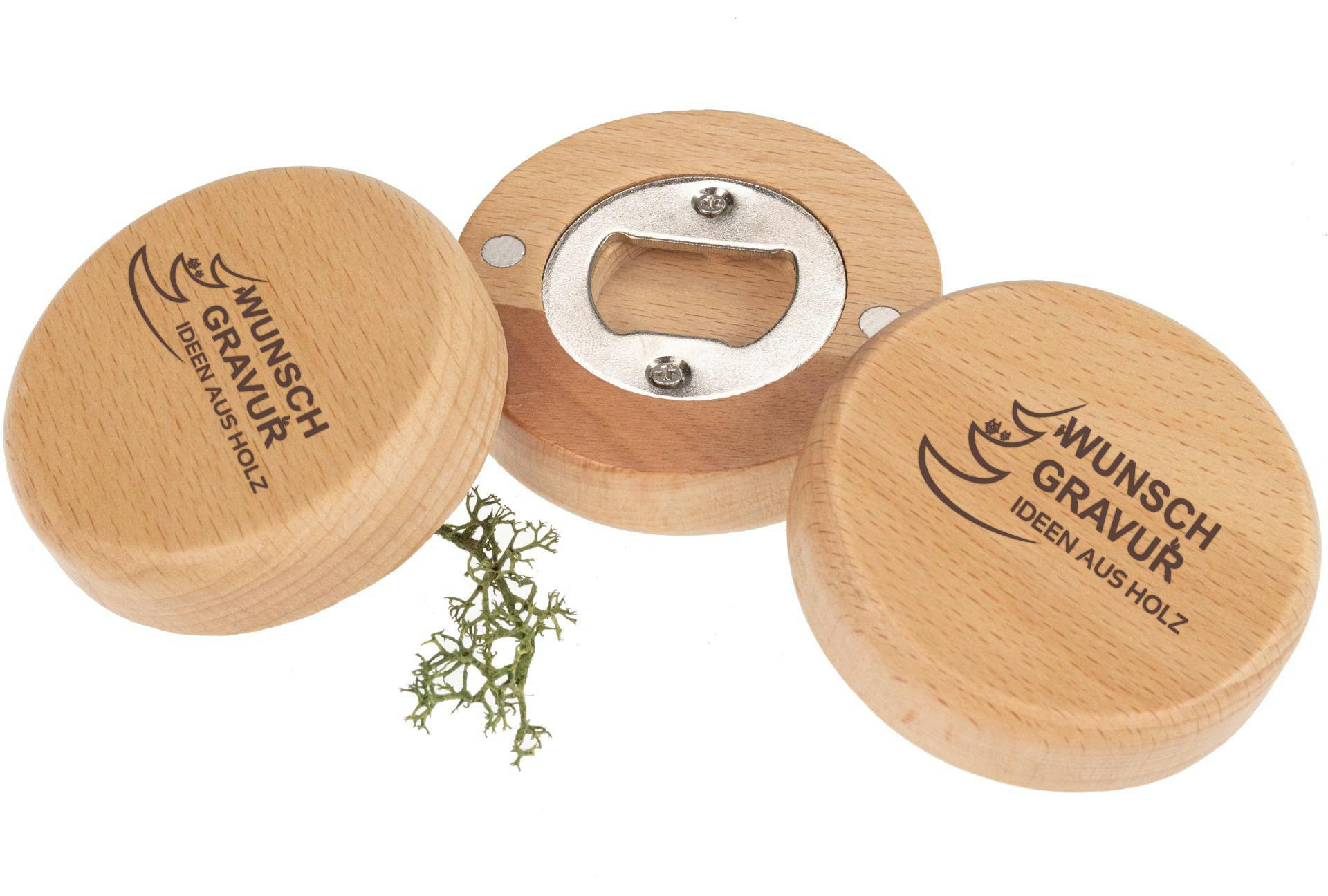 Individualisierter runder Holz Flaschenöffner aus FSC® Buche - Lasergravur bis 30 cm²