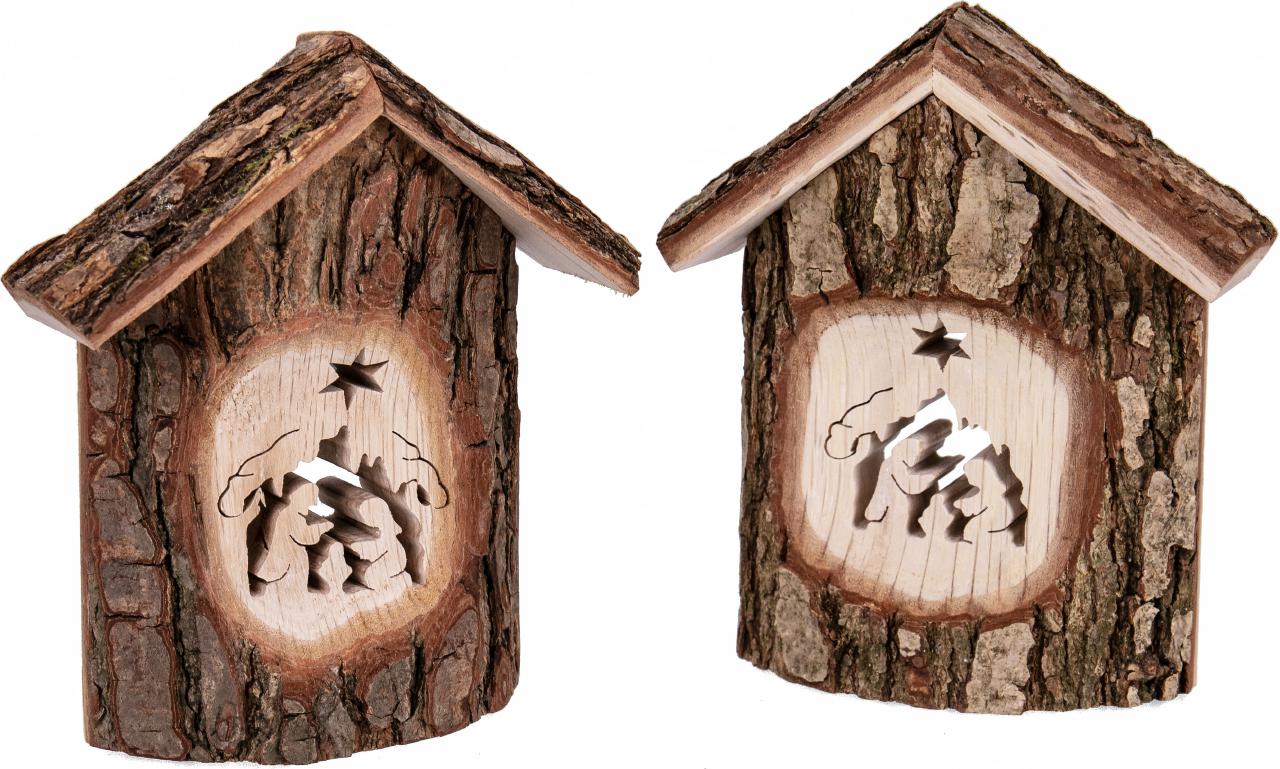 Handgesaegte Krippe aus Eichenholz mit Rinde und Heiliger Familie rustikale Weihnachtsdekoration