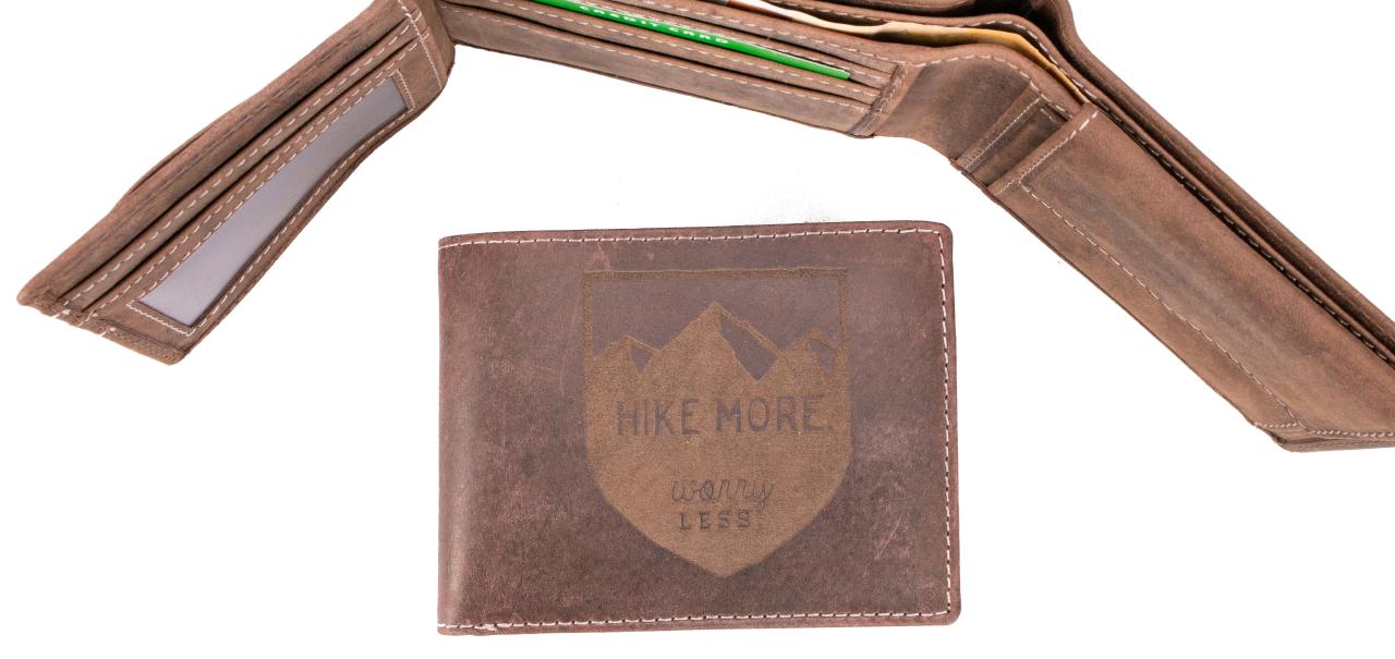 Leder Geldbeutel Geldboerse fuer Wanderer Hike More Worry Less Hike More Worry Less dunkelbraun