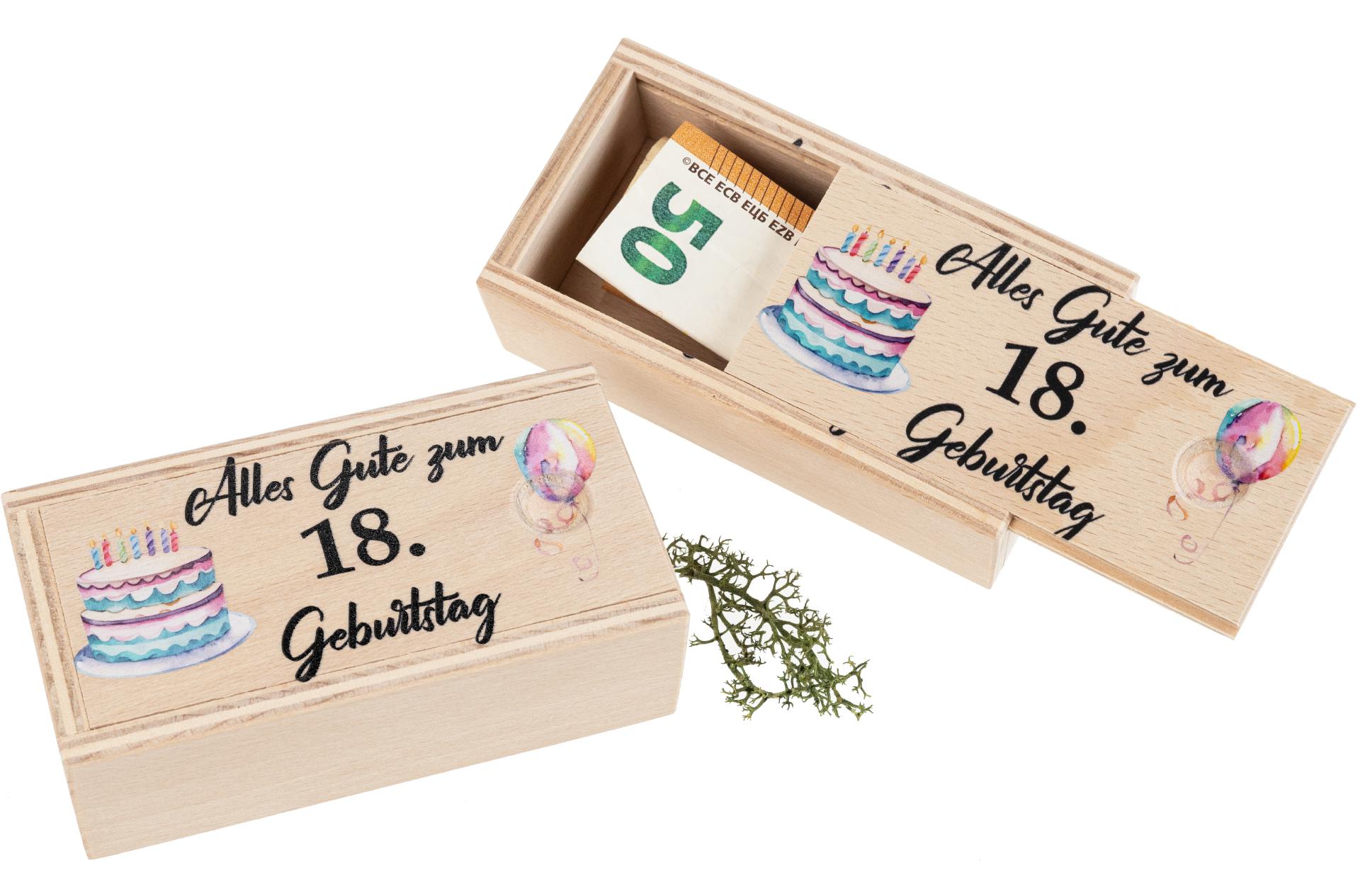 Holz Box perfekt für Geldgeschenke bedruckt mit "Alles Gute zum 18 Geburtstag"