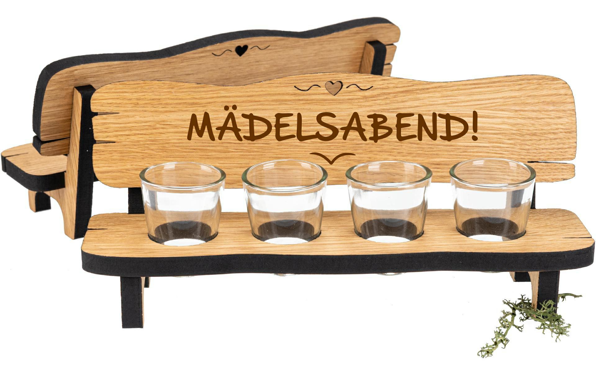 Holz Schnapsbank aus Eiche geölt mit 4 Stamperl - Mädelsabend!
