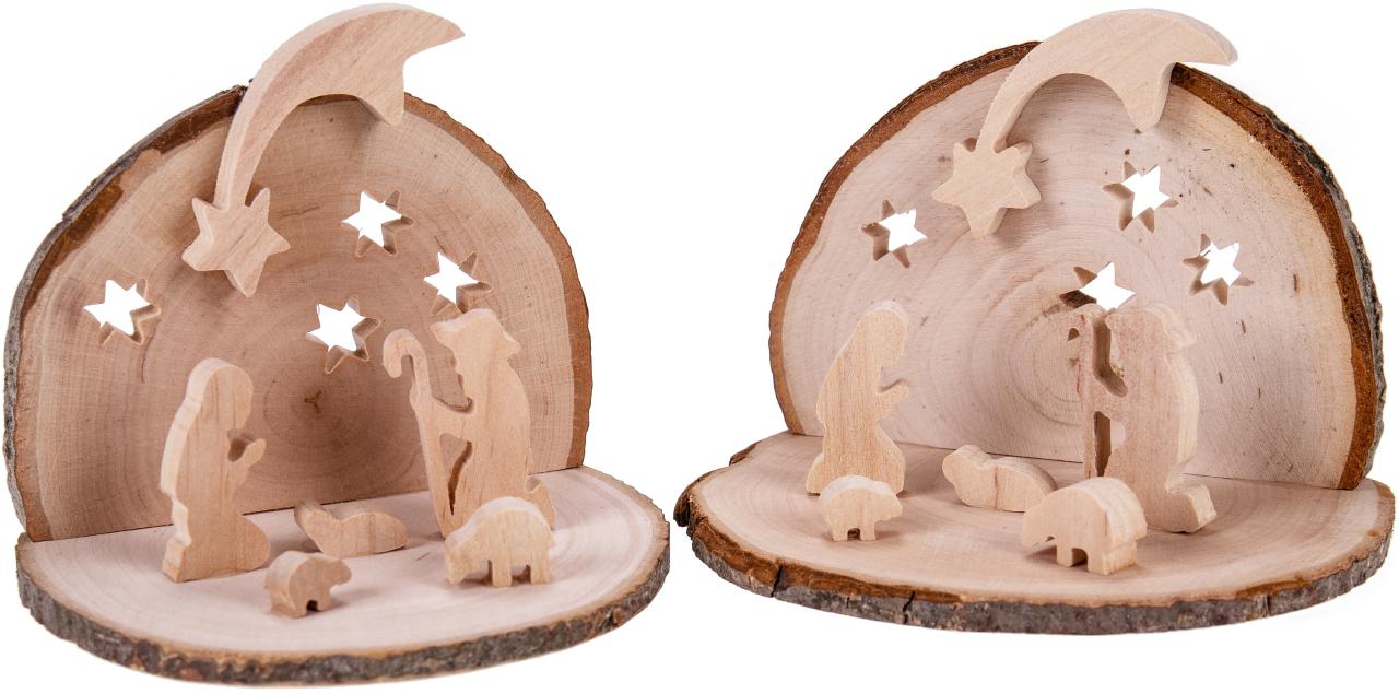 Handgefertigte Weihnachtskrippe auf Rindenscheibe Heilige Familie mit Schafen
