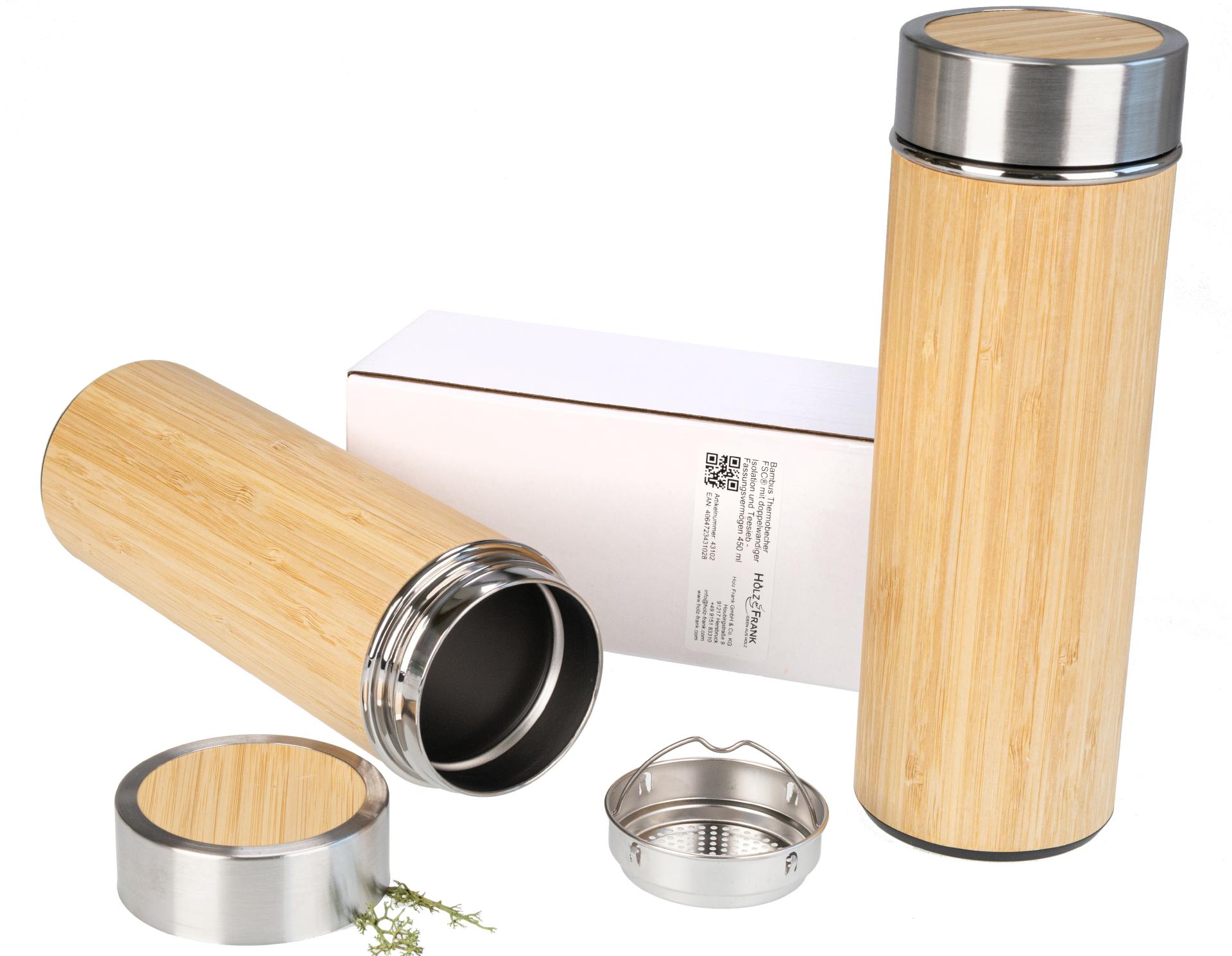 Bambus Thermobecher FSC® mit doppelwandiger Isolation und Teesieb - Fassungsvermögen 450 ml