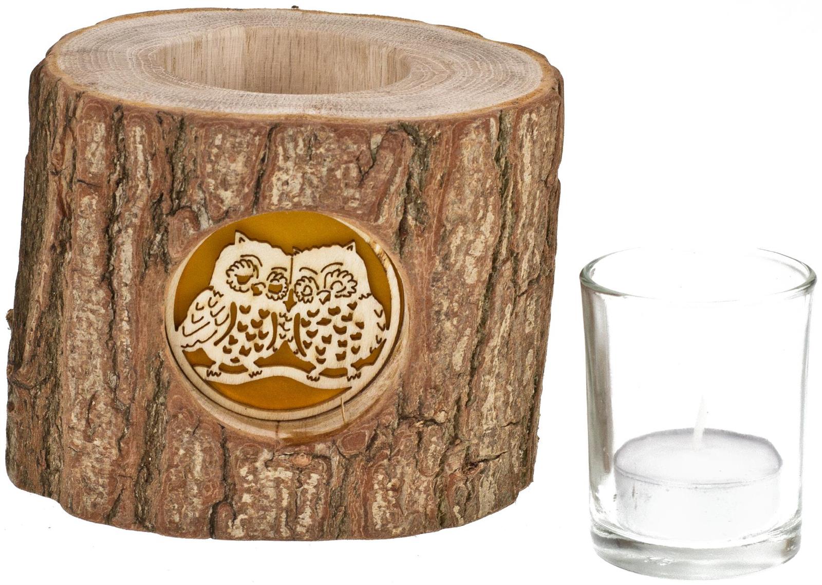 Holz Windlicht mit Rinde und hinterleuchteten Motiv Stimmungsleuchter Eulen