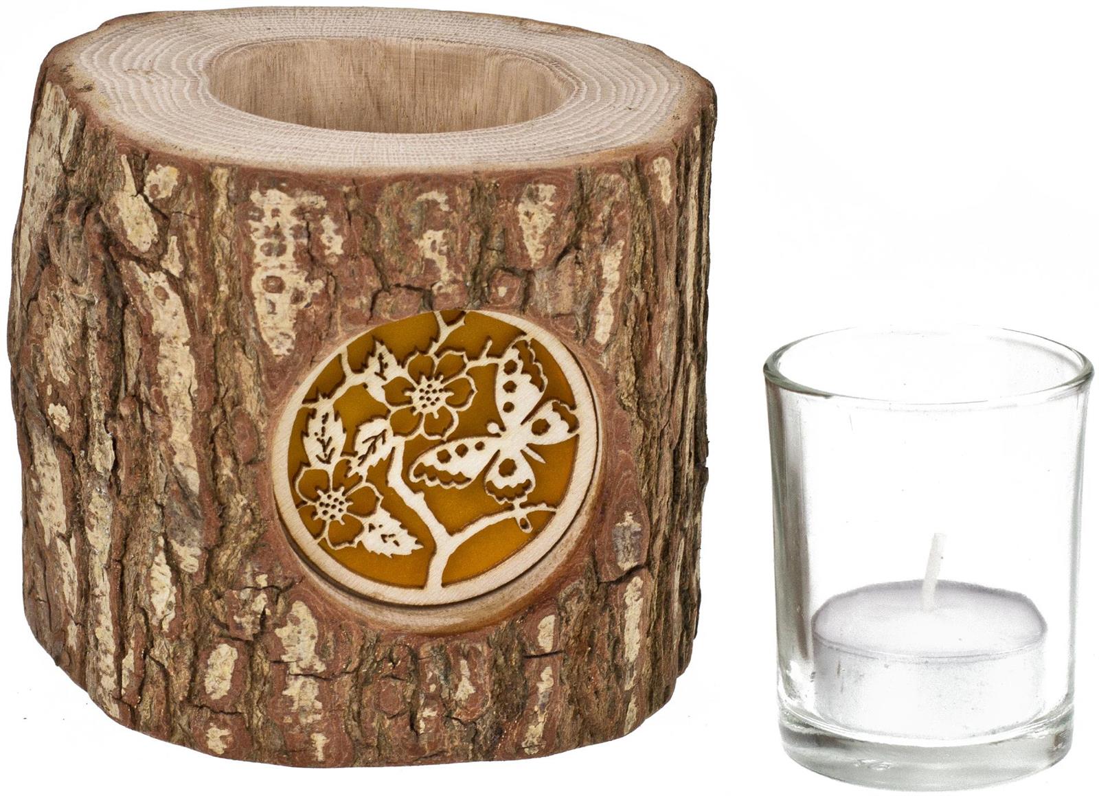 Holz Windlicht mit Rinde und hinterleuchteten Motiv Stimmungsleuchter Schmetterling Blume