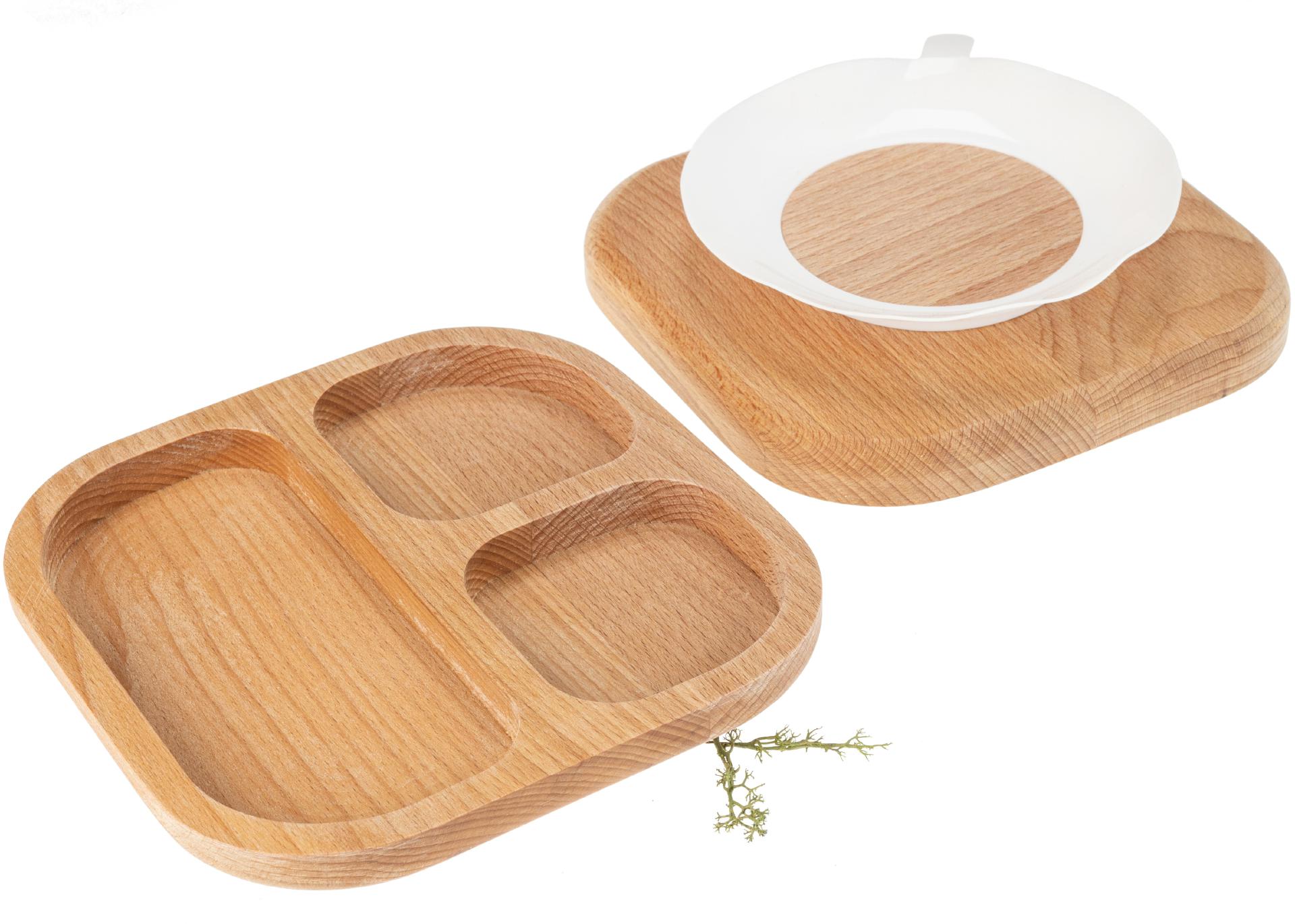 Kinderteller / Holz Babyteller dreifach unterteilt aus Buche mit Saugnapf Weiß