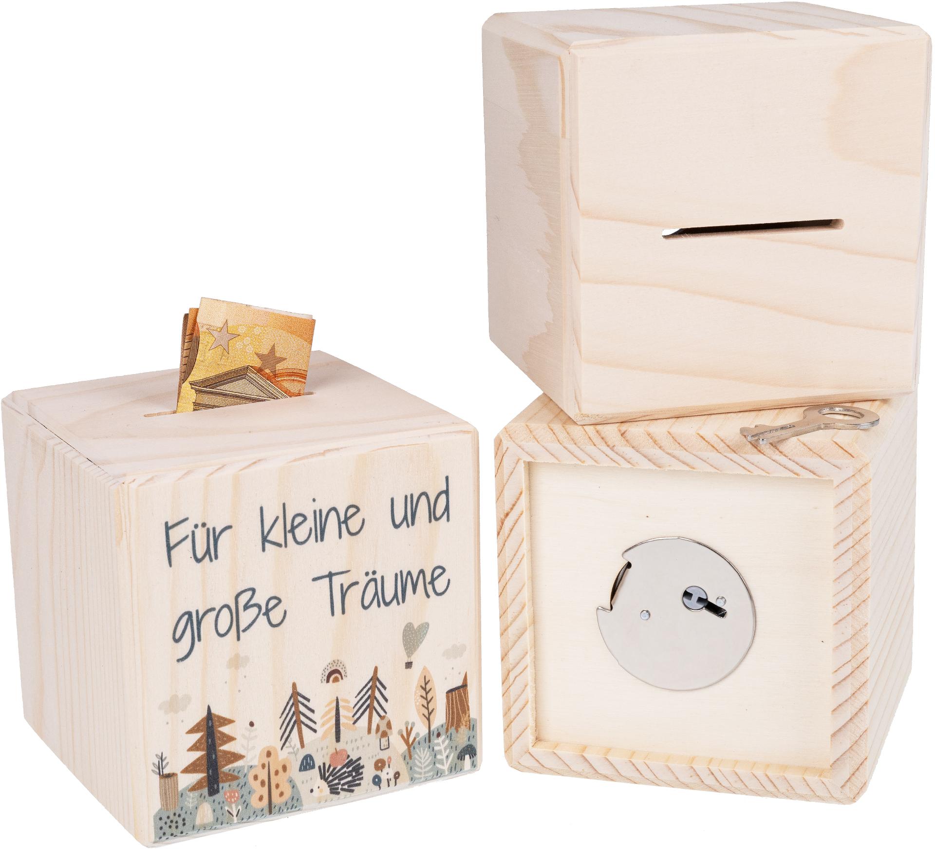 Holz Spardose Wuerfel mit Metallschloss UV Druck: Fuer kleine und groÃŸe Traeume Kinder Sparkasse