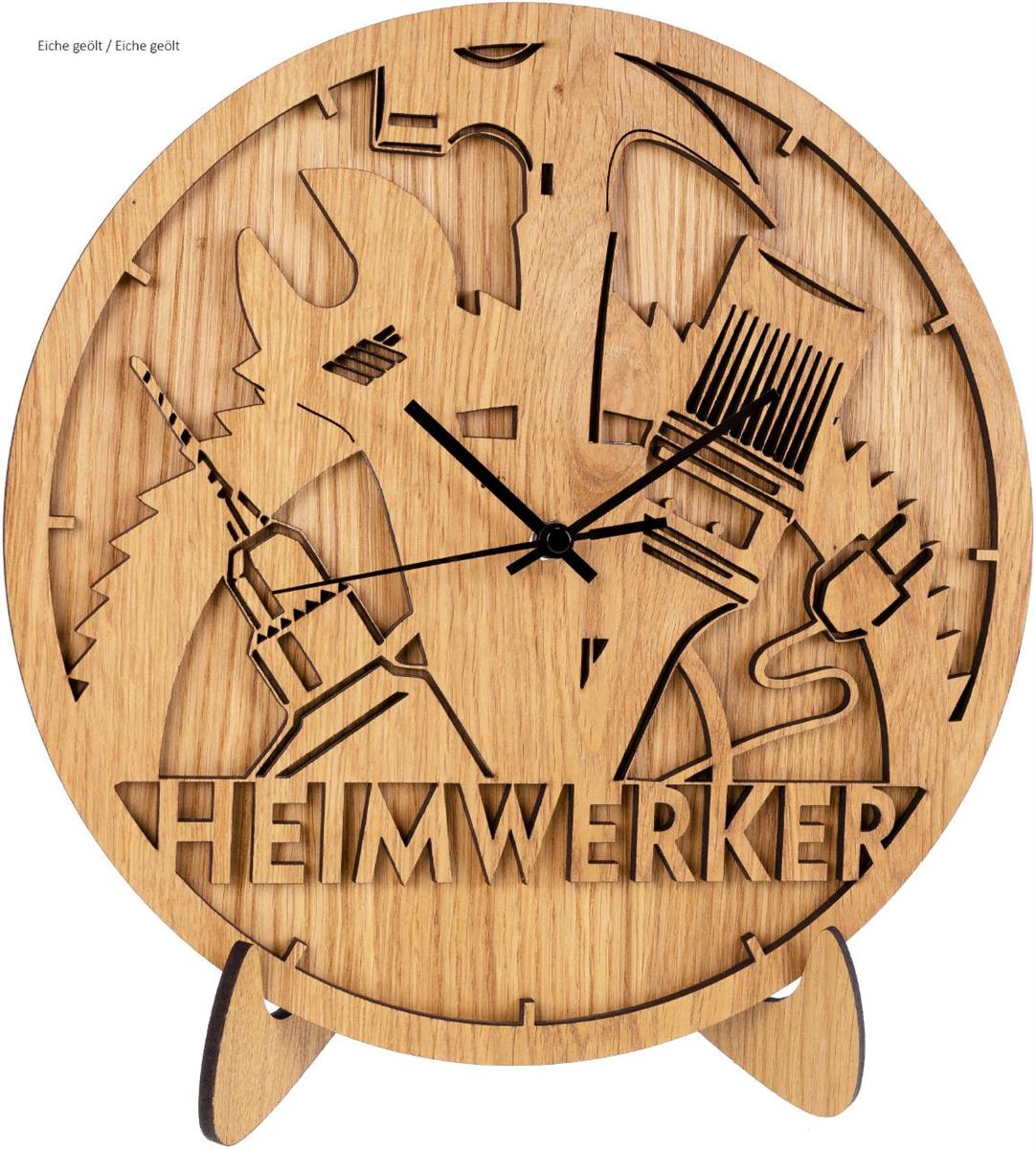 Heimwerker Motiv Wanduhr aus Wunschholz mit geraeuschlosem Funk Uhrenwerk