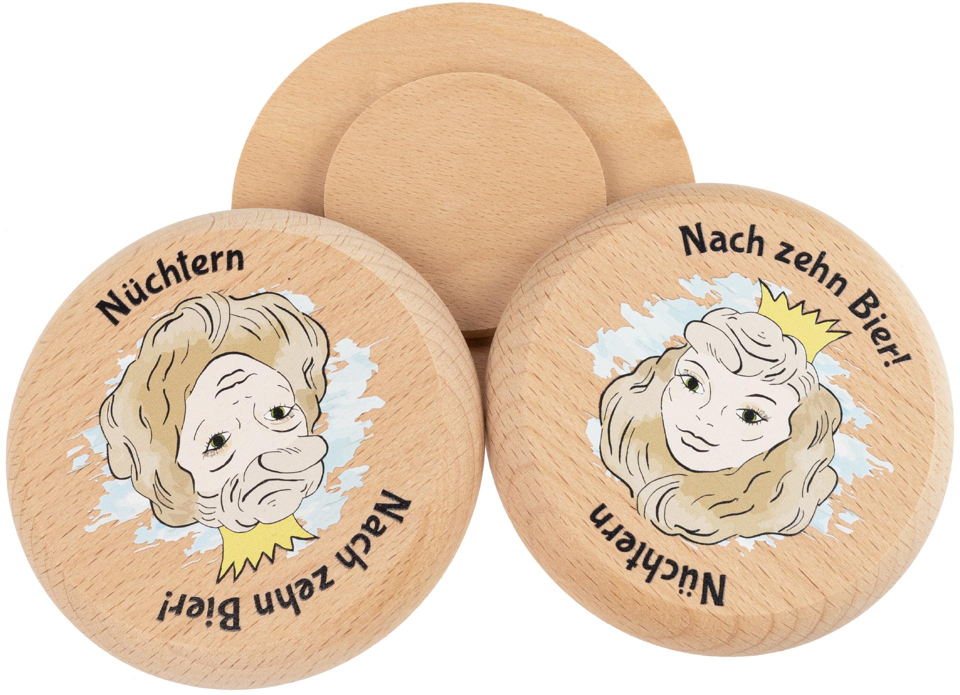 Bierdeckel aus Buchenholz mit Buntdruck Wendegesicht Nach zehn Bier