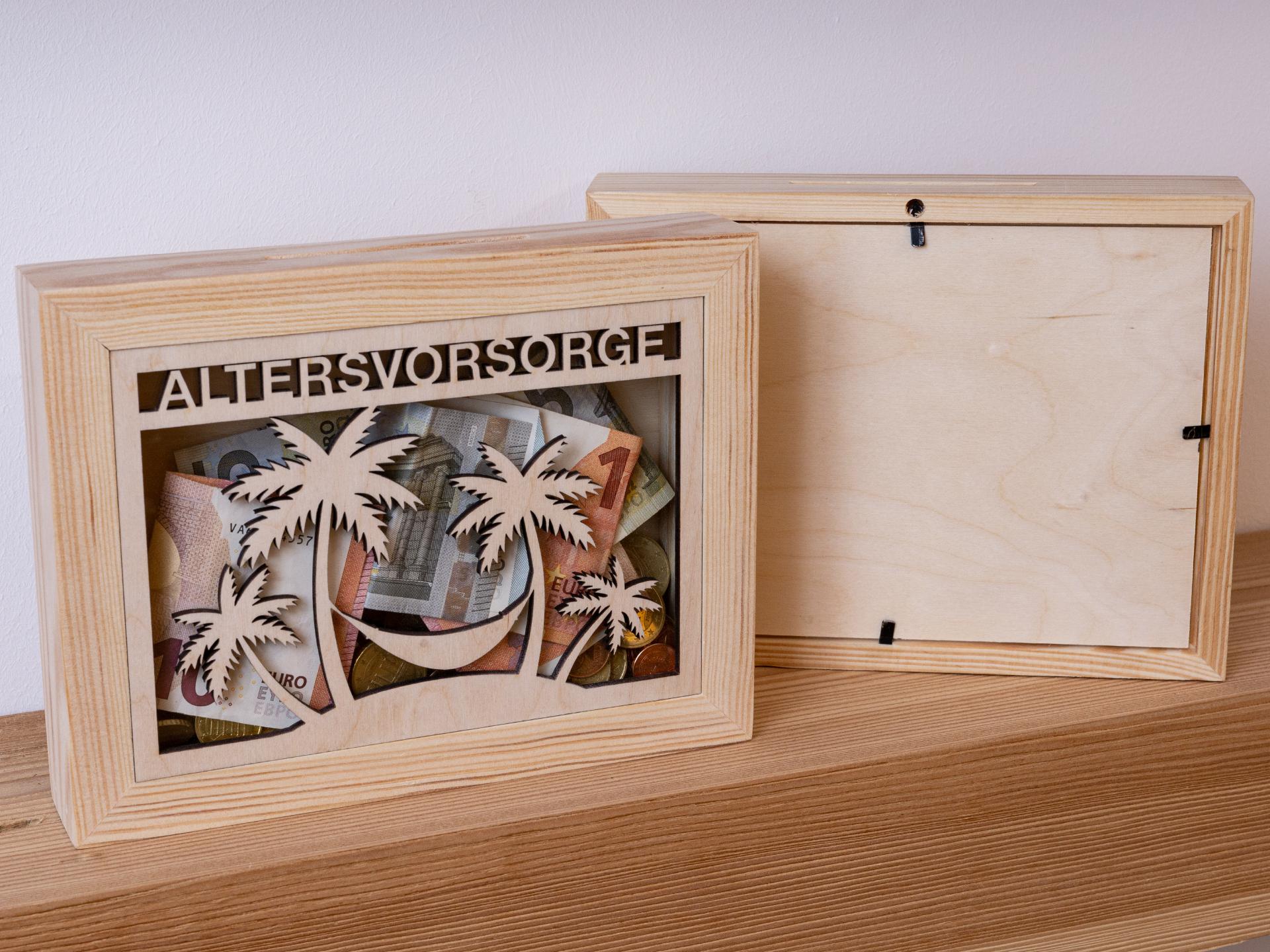 Holz Spardose Bilderrahmen mit Glas Einsatz Sparkasse mit Altersvorsorge Motiv fuer eine sichere Zukunft