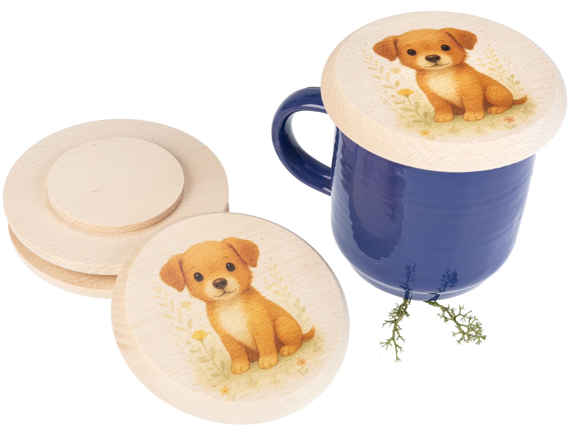 Holz Glasabdeckung aus FSC® Buche für Kinder mit buntem Tiermotiv Hund