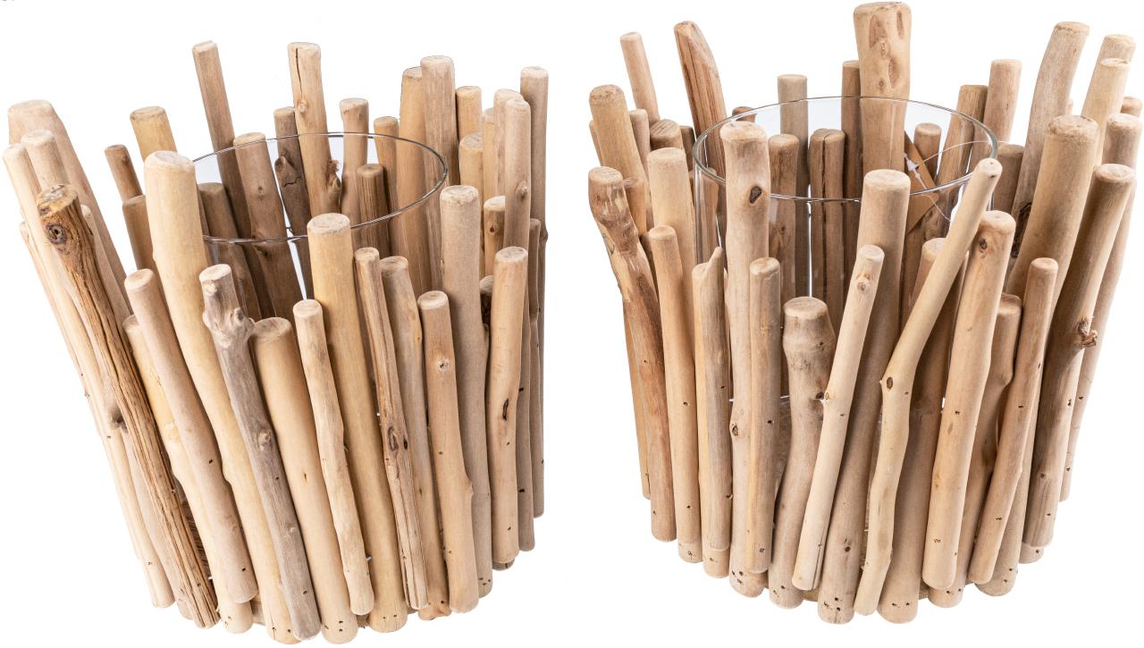 Rustikales Windlicht aus Treibholz Stoeckchen mit Glas