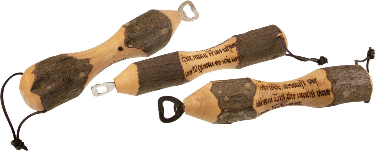 GroÃŸer Flaschenoeffner Buche gedrechselt mit Trink Spruechen handgebrannt