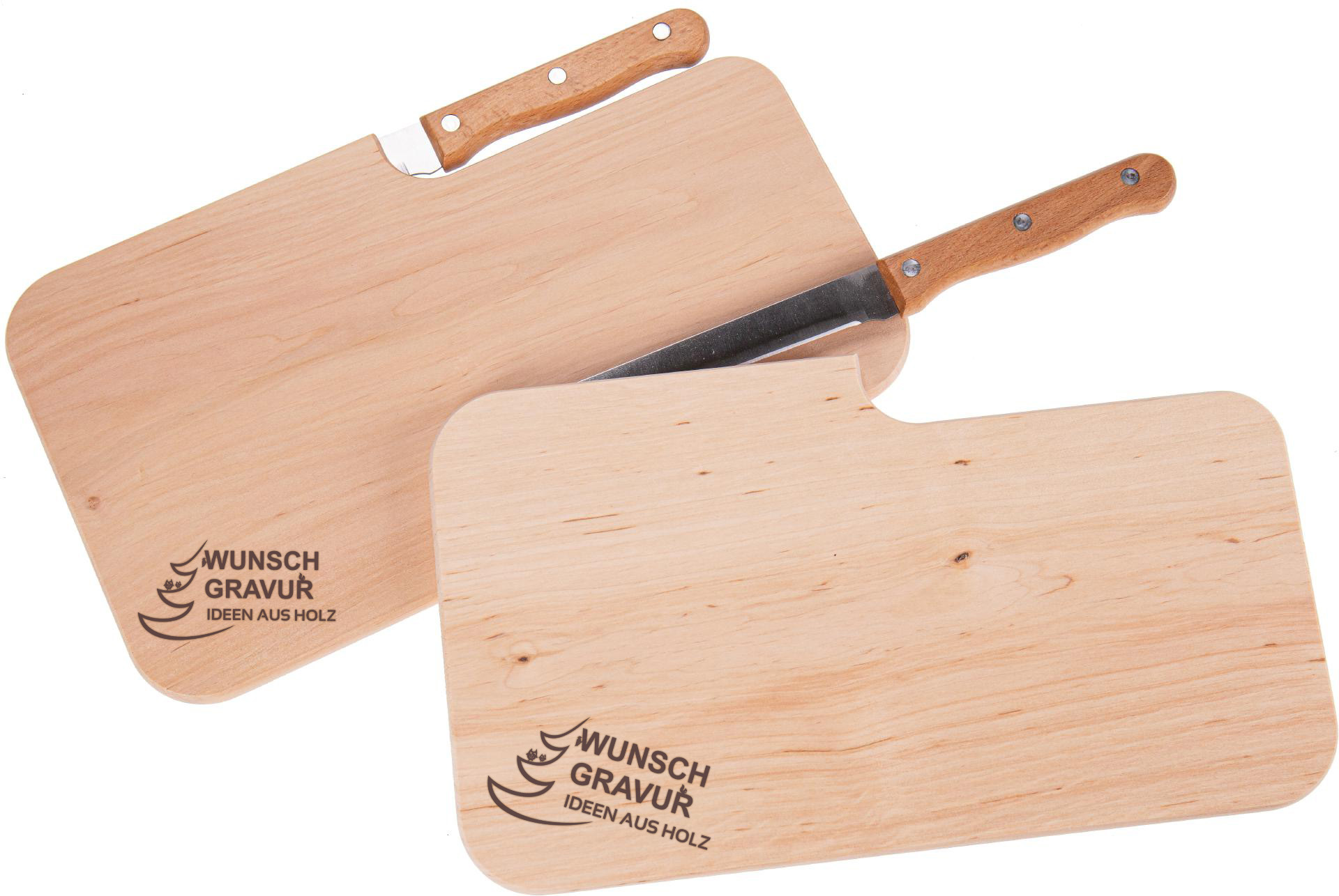 Holz Schneidebrett mit Messer 26 x 15,5 x 1,2 cm aus FSC® Erle personalisiert mit Lasergravur roh bis 10 cm²
