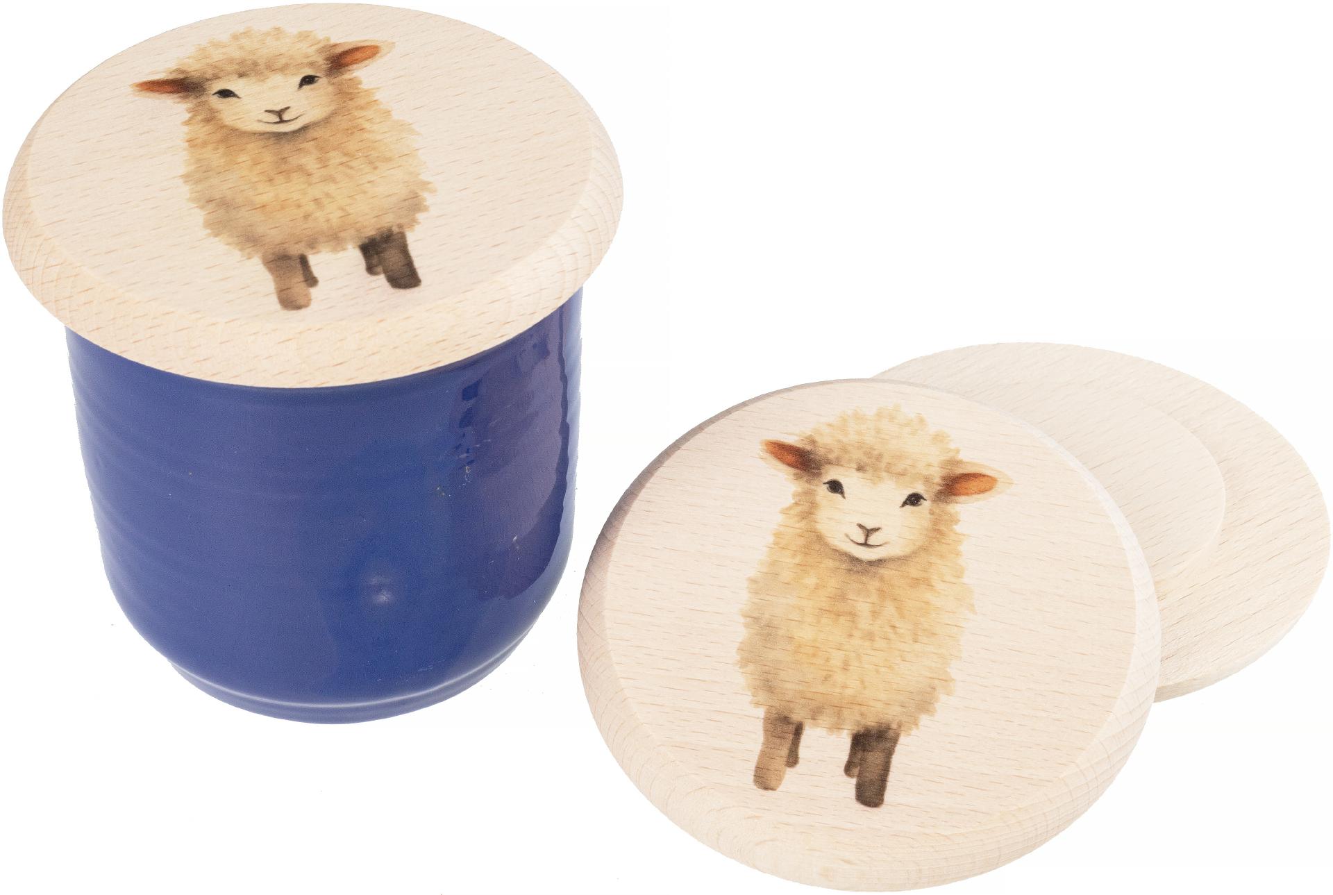 Glasabdeckung aus Buchen Holz fuer Kinder mit buntem Tiermotiv Schaf