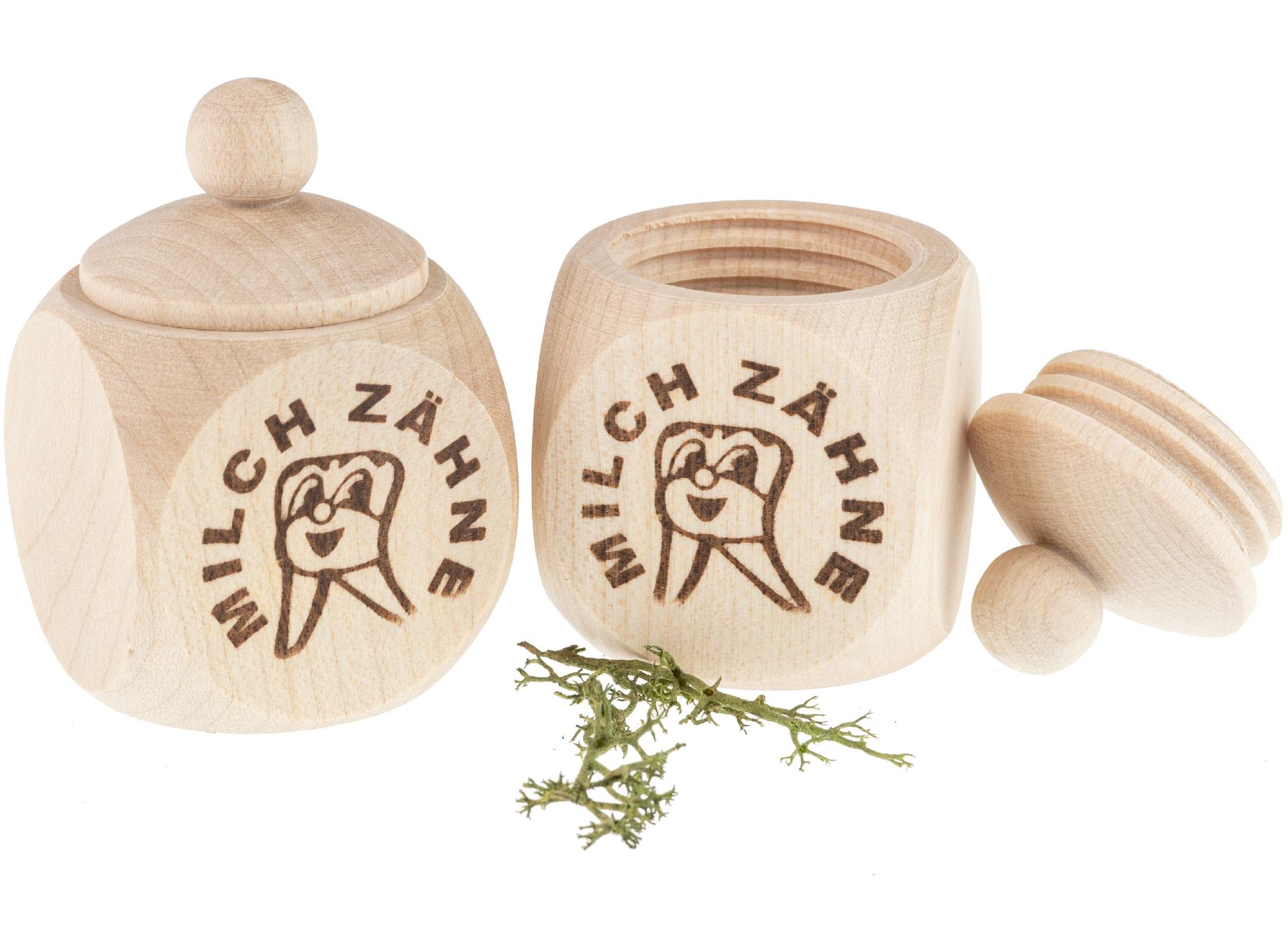 Zahn-Döschen aus Ahornholz mit 'Milchzähne'-Druck 6 x 4 cm