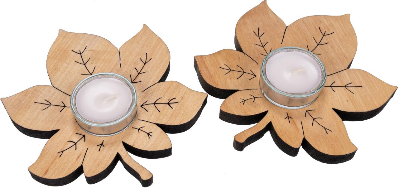 Teelichthalter aus Erlenholz mit Glaseinsatz Herbstdeko Kastanienblatt
