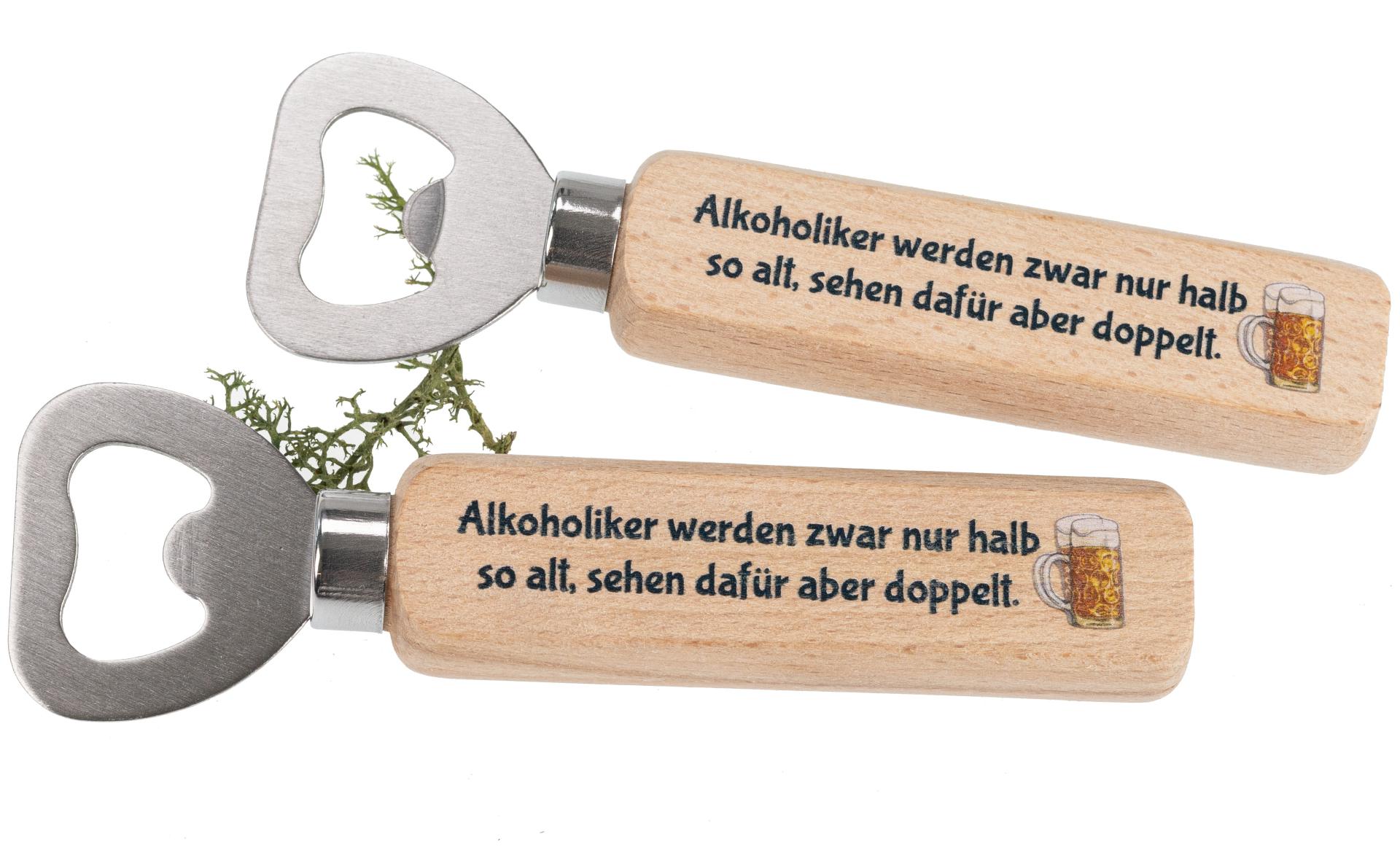 Flaschenöffner aus FSC® Buche mit Druck: Alkoholiker werden zwar nur