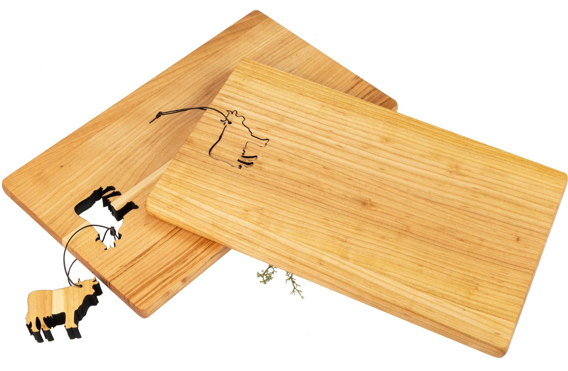 Schneidebrett - Kirsche geölt - 30 x 18 x 1,5 cm - Kuh an Lederband FSC®