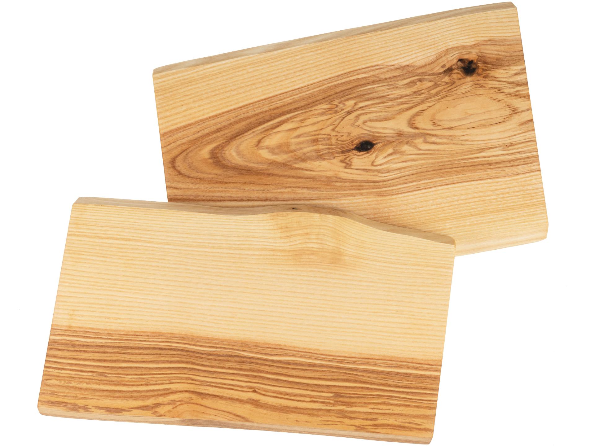 Holz Schneidebrett aus Kern Esche geölt mit Baumkante geschliffen 22mm dick 42 x 22-25 cm