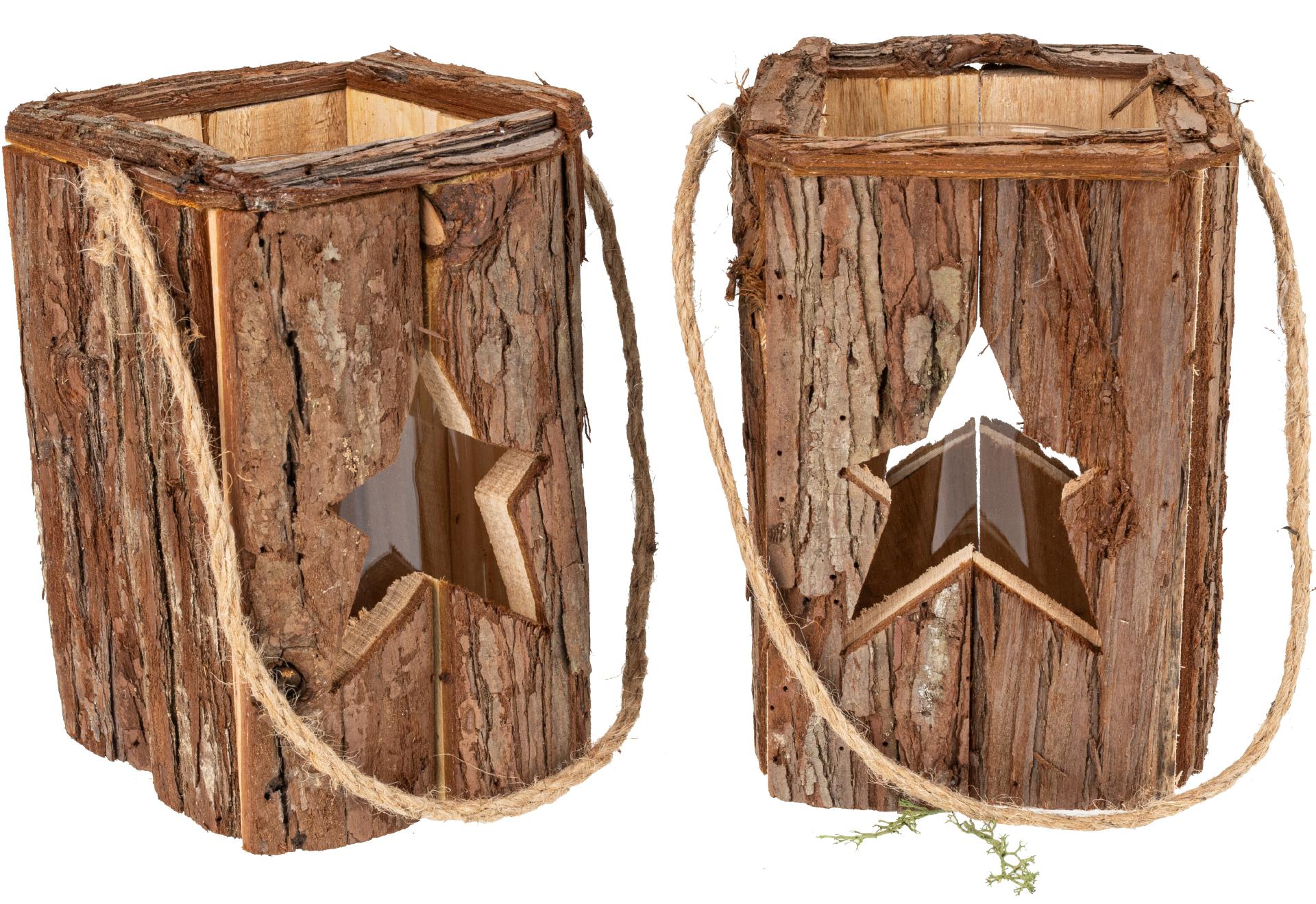 Rustikale Holz Laterne mit Rinde und Glaszylinder - Ausschnitt Stern 18x12 cm