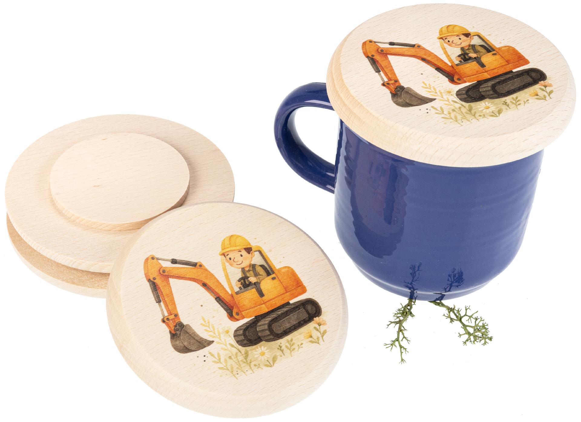 Holz Glasabdeckung aus FSC® Buche für Kinder mit buntem Tiermotiv Bagger