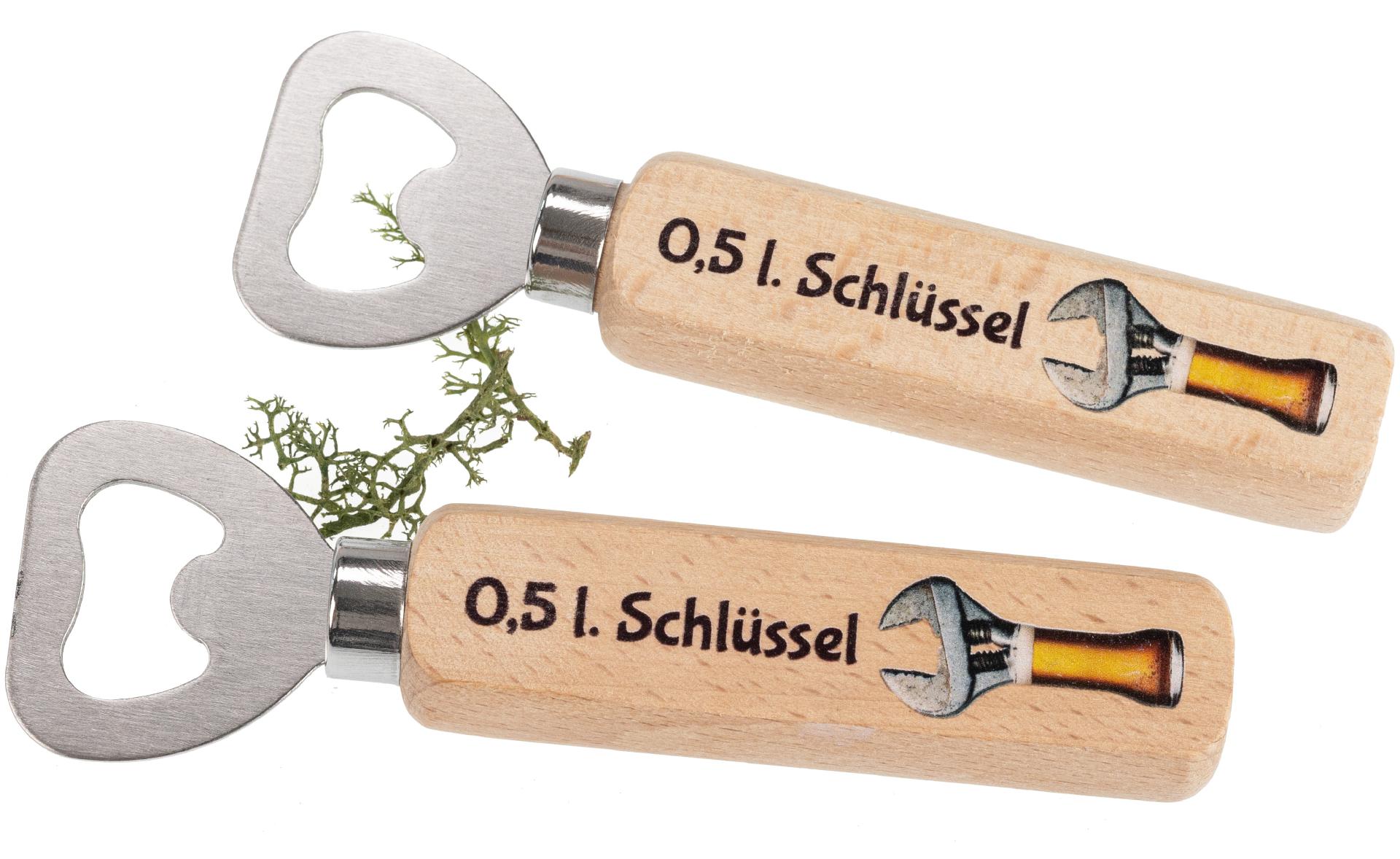 Flaschenöffner aus FSC® Buche mit Druck: 0,5 l. Schlüssel