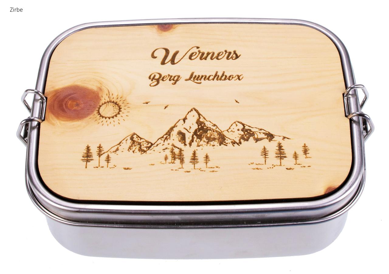 Lunchbox aus Edelstahl und Holz mit individueller Gravur Berg Lunchbox Wandern Outdoor