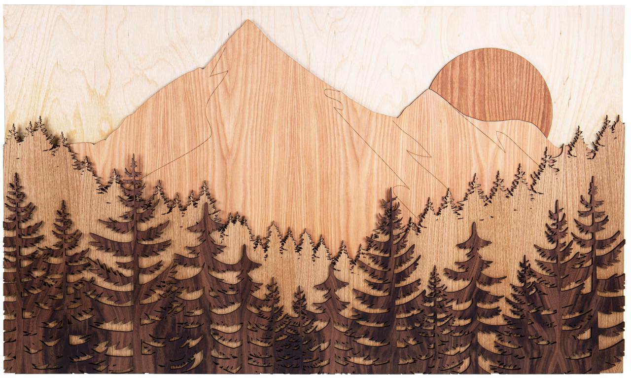 3D Wandbild Gebirge mit Wald - Fünf Ebenen und Holzarten 98x59 cm