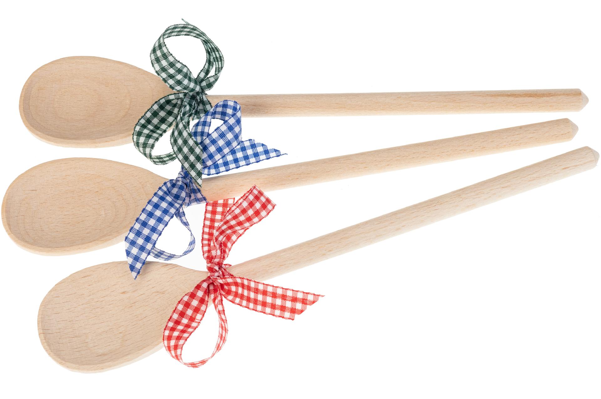 Holz Kochlöffel aus Buchenholz - ovale Laffe - 30 cm blaue Schleife