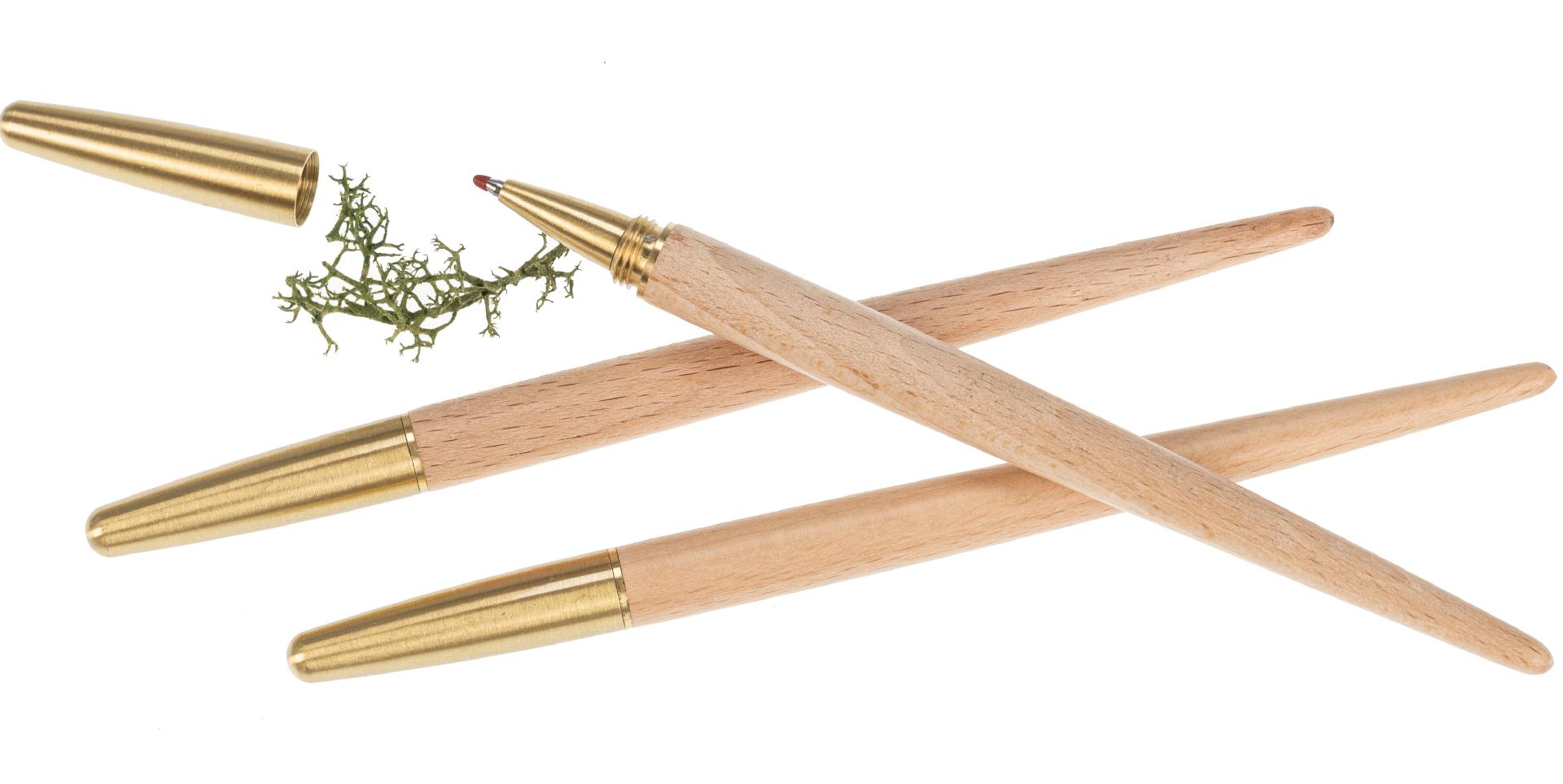 Edler Holz Kugelschreiber mit konischer Form und Messing Kappe - Buchen Holz