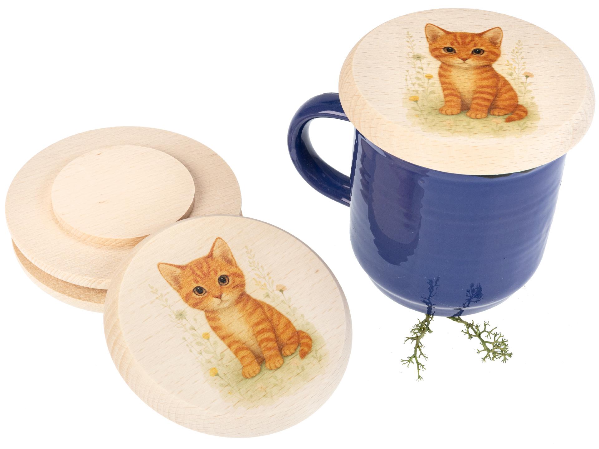 Holz Glasabdeckung aus FSC® Buche für Kinder mit buntem Tiermotiv Katze