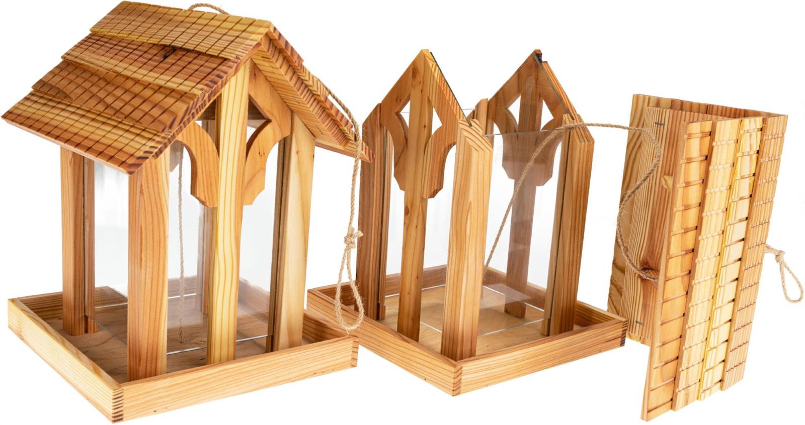 Hochwertiges Vogel Futterhaus aus geoelter europaeischer Laerche Mit Rundbogenfenster aus echtem Glas