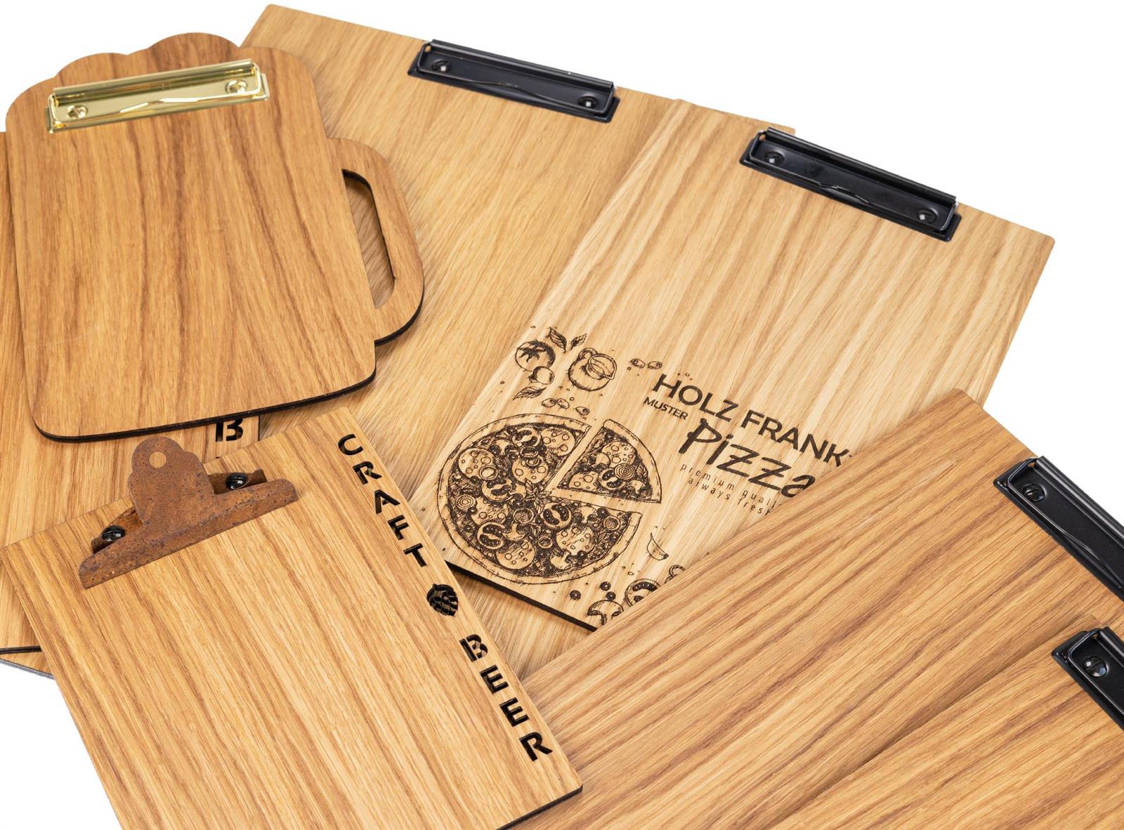 Personalisiertes Holz Klemmbrett DIN A4 aus geölter FSC® Eiche mit Lasergravur bis 80 cm² Silber Klemme