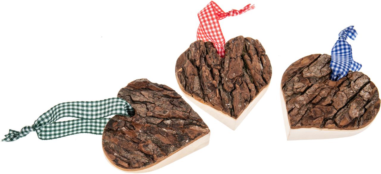 Herz aus Erle mit Rinde - 12 x 12 cm - Natürliche Dekoration am Schleifenband grün/weiß