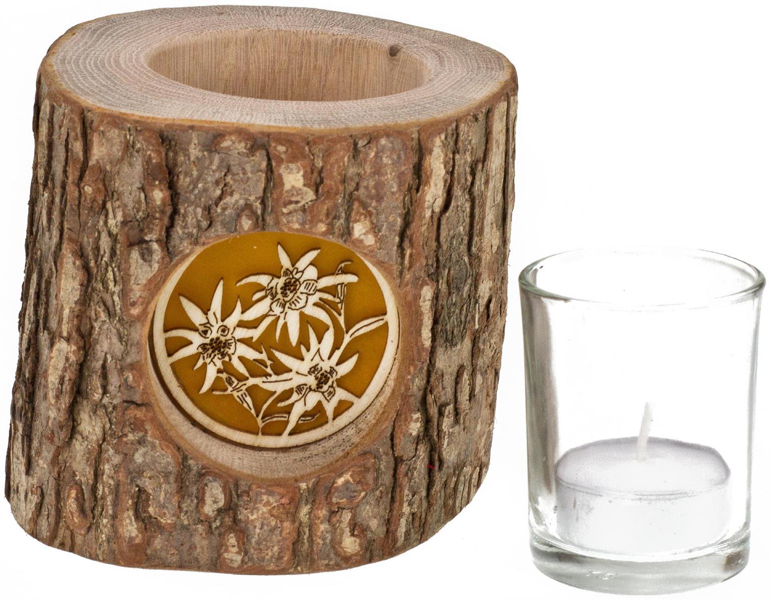 Holz Windlicht mit Rinde und hinterleuchteten Motiv Stimmungsleuchter EdelweiÃŸ