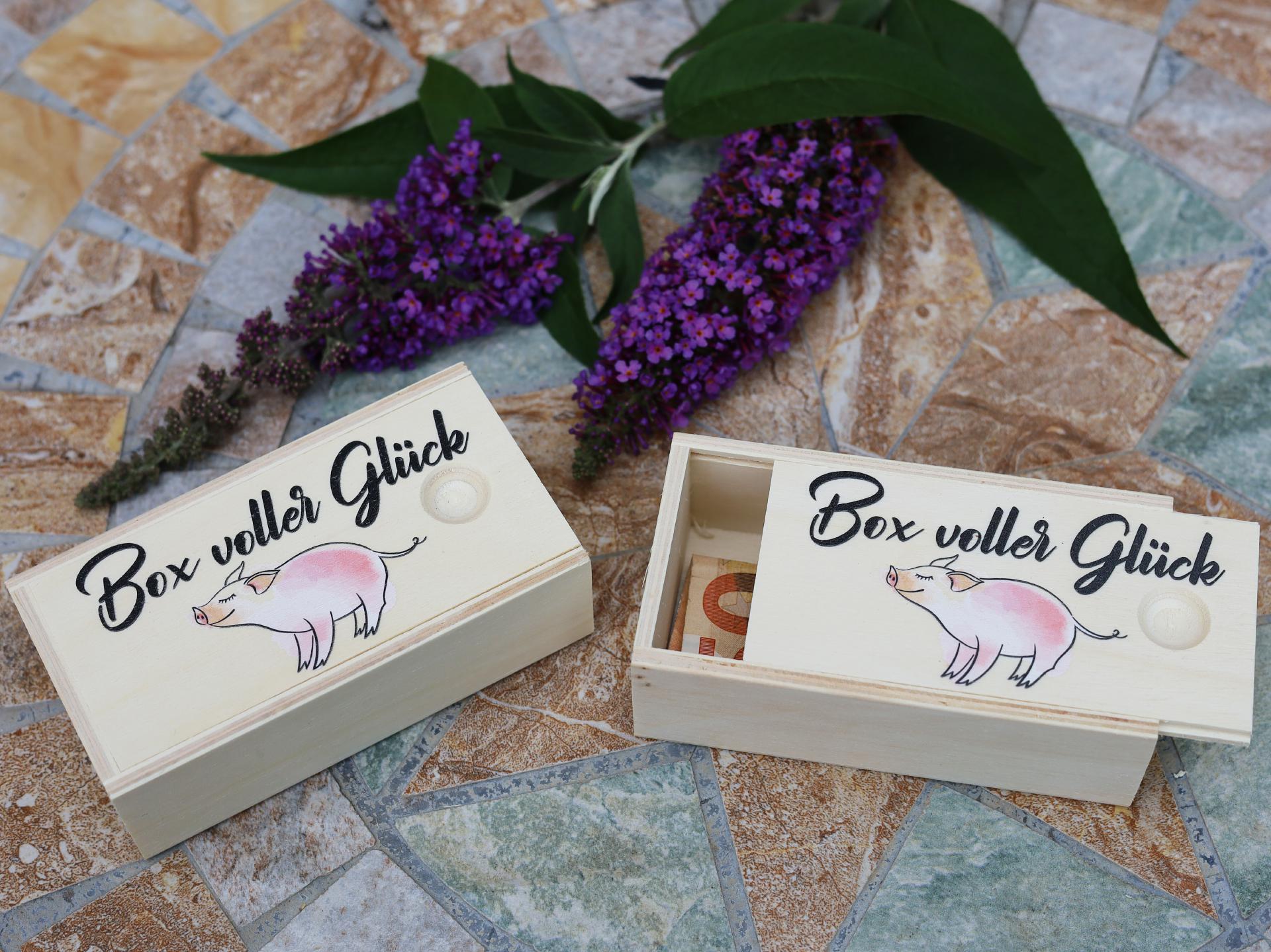 Holz Schiebedeckel Kiste fuer kleine Geschenke Box voller Glueck mit Gluecksschwein