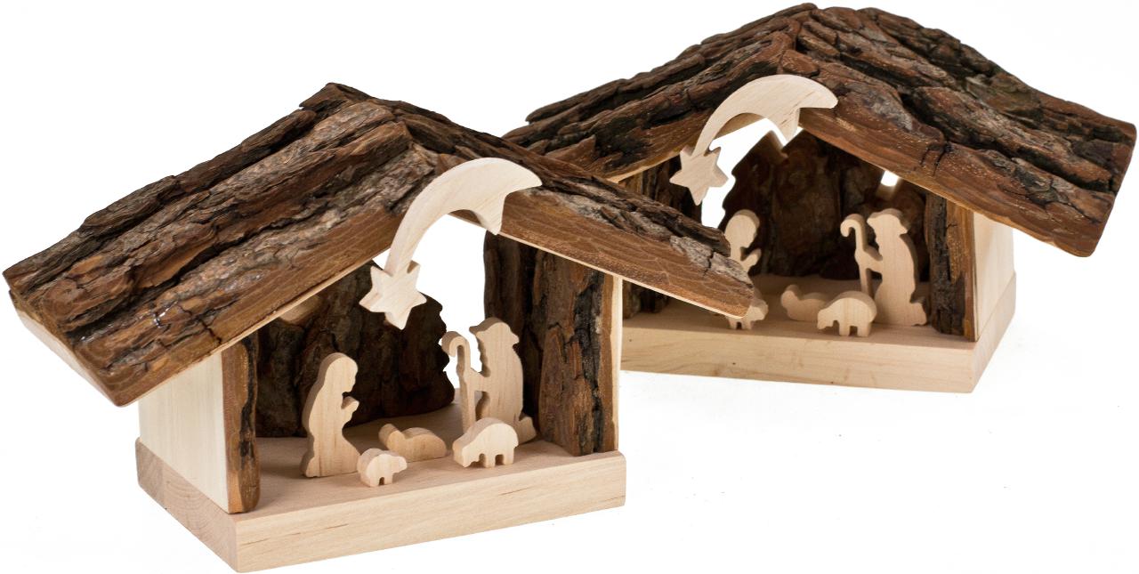Erlenholz Krippenstall mit Rindendach und Heiliger Familie Handgefertigte Weihnachtskrippe