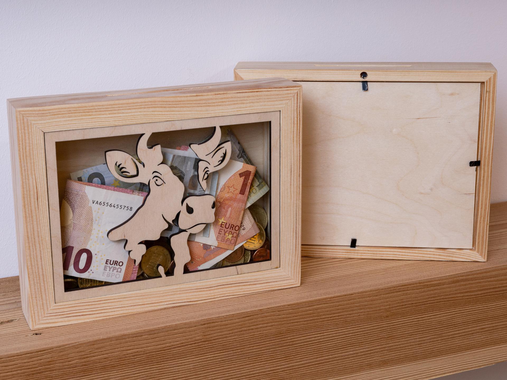 Holz Spardose Bilderrahmen mit Muenzschlitz und Glas Einsatz Sparkasse mit Kuhmotiv