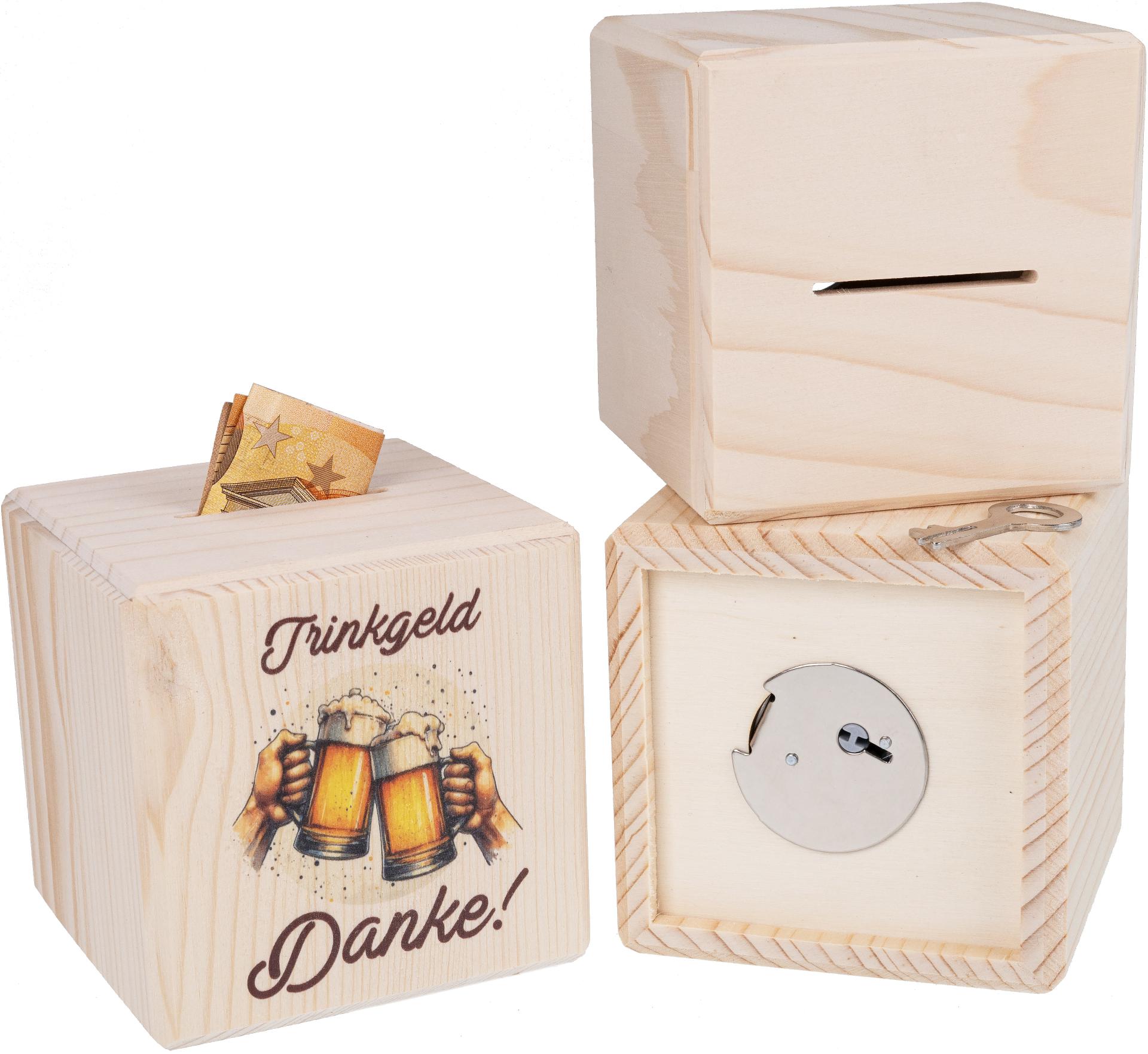 Holz Spardose Wuerfel mit Metallschloss UV Druck Trinkgeld mit Bierkruegen