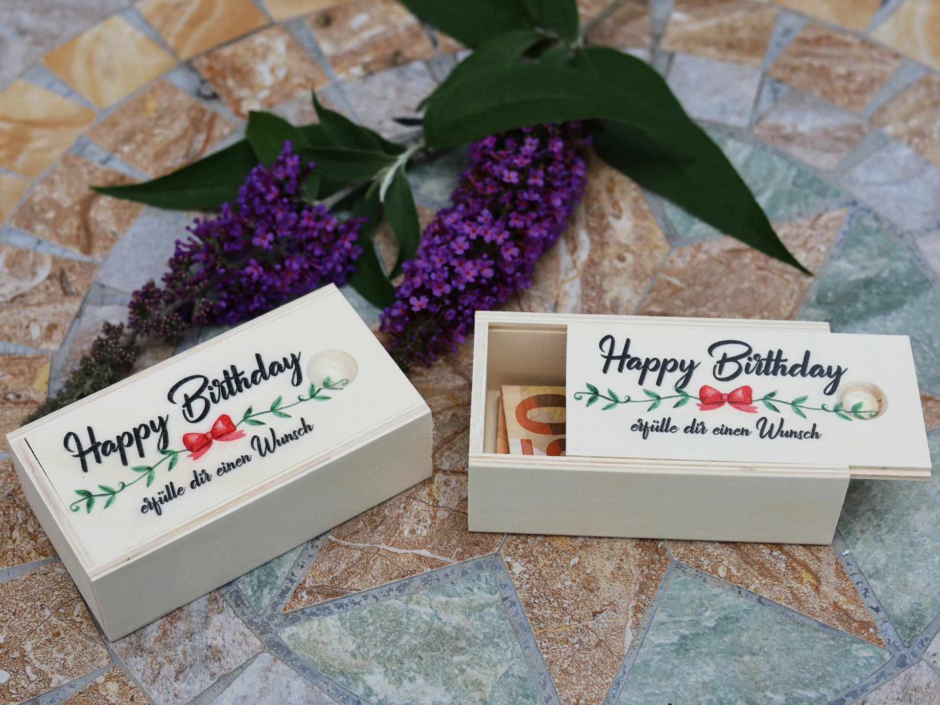 Holz Schiebedeckel Kiste fuer kleine Geschenke Happy Birthday erfuelle dir einen Wunsch