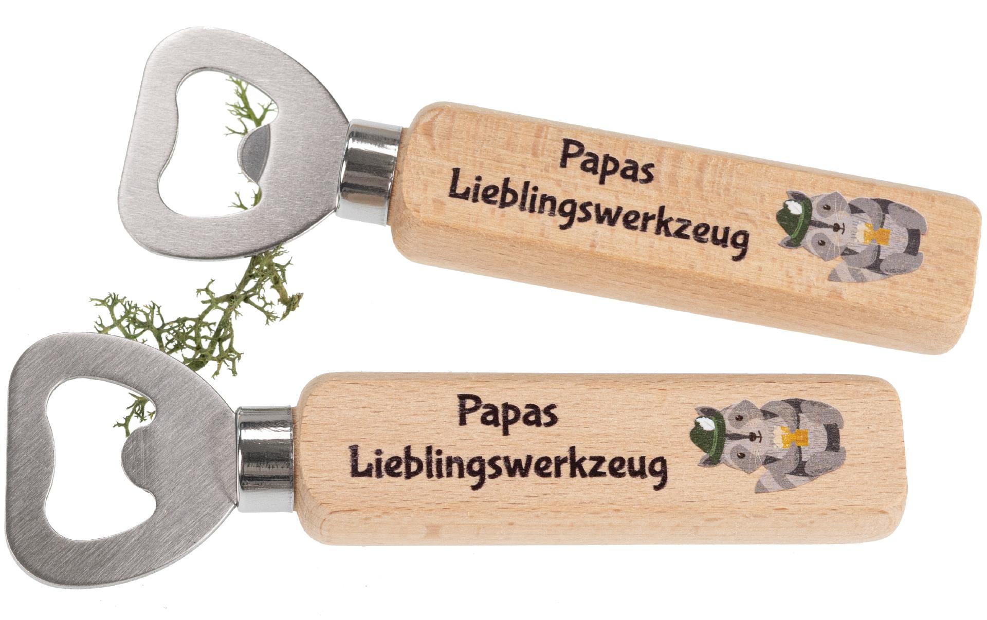 Flaschenöffner aus FSC® Buche mit Druck: Papas Lieblingswerkzeug
