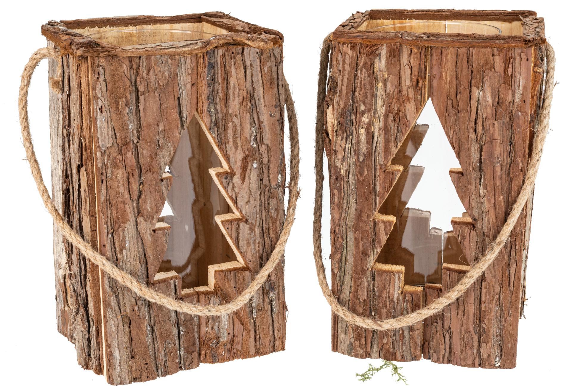 Rustikale Holz Laterne mit Rinde und Glaszylinder - Ausschnitt Tanne 27x16 cm