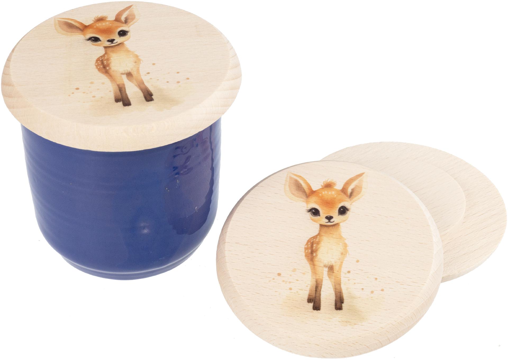 Glasabdeckung aus Buchen Holz fuer Kinder mit buntem Tiermotiv Reh