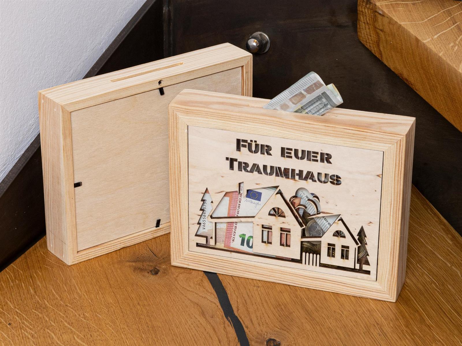 Spardose fuer das Traumhaus Holz Spardose Bilderrahmen mit Glas Einsatz und Muenzschlitz